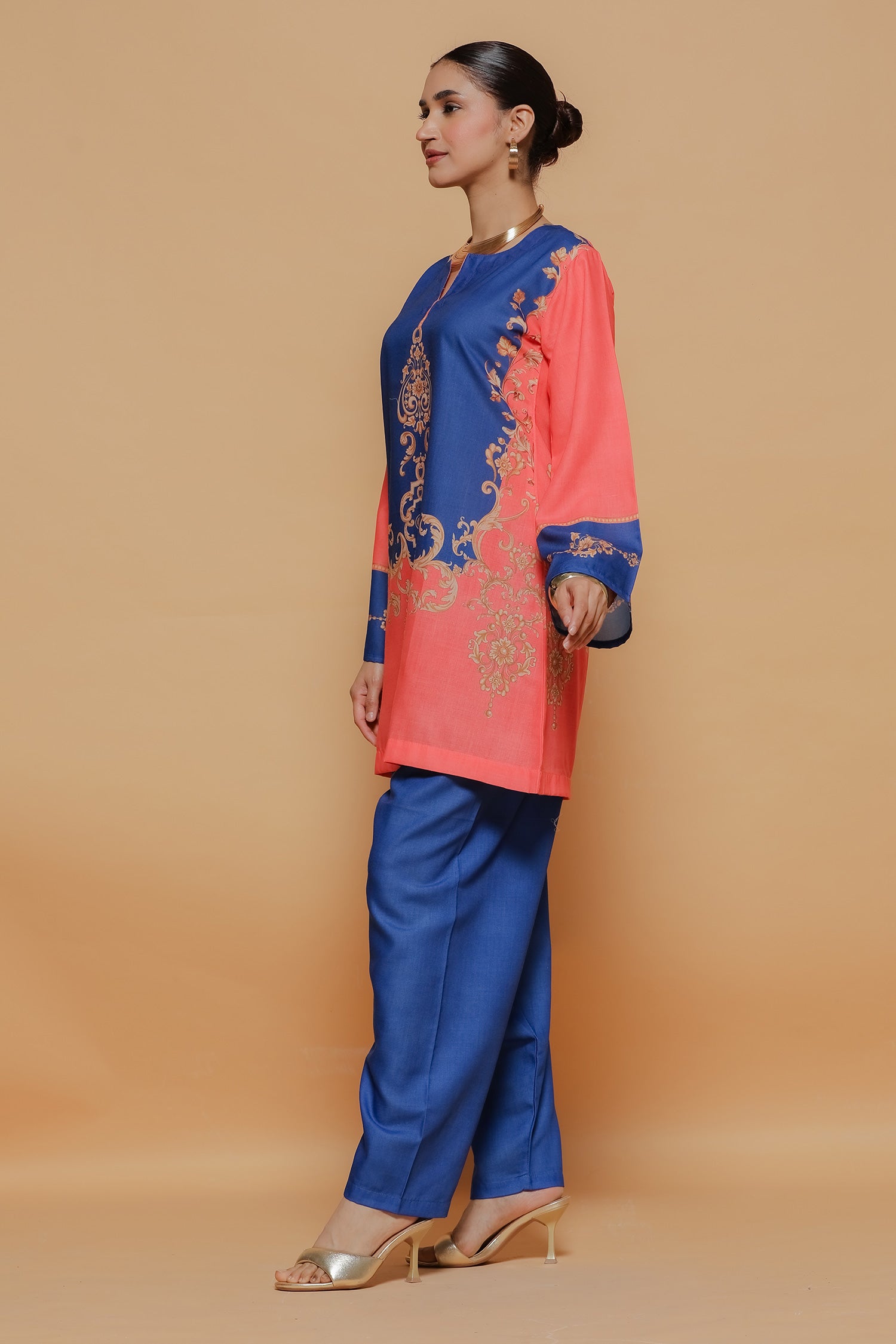 Coral & Royal Blue Printed Lawn Cotton Kurta Set with Straight Pants