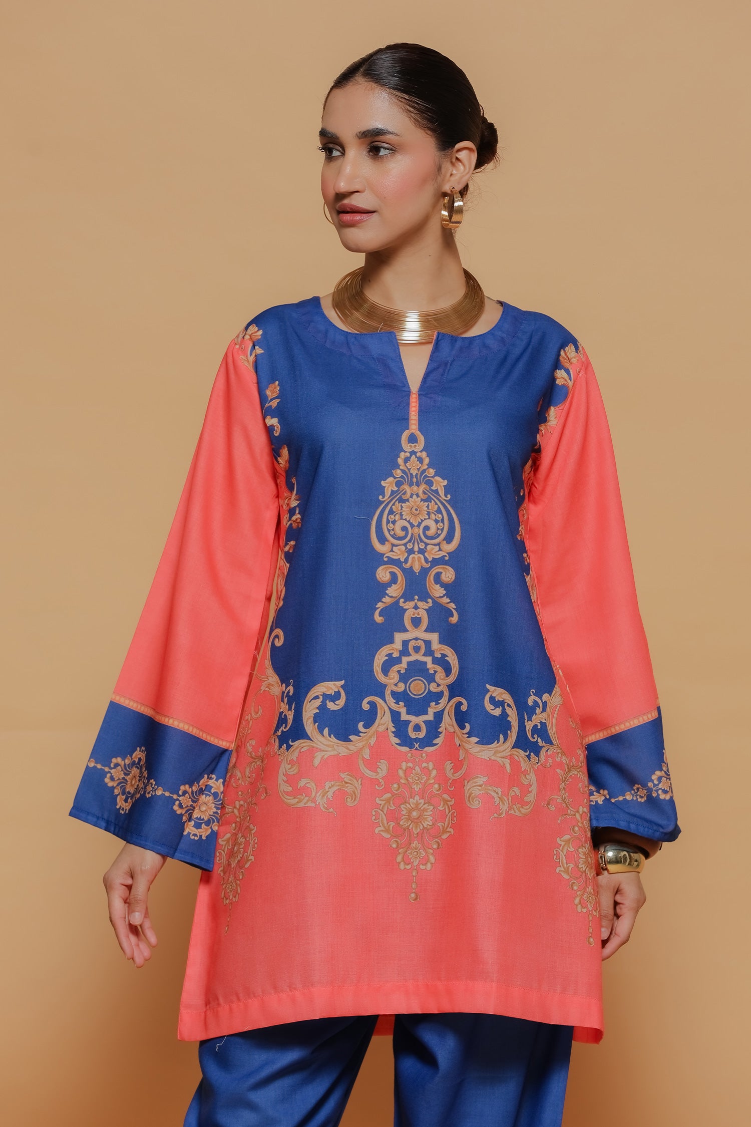 Coral & Royal Blue Printed Lawn Cotton Kurta Set with Straight Pants