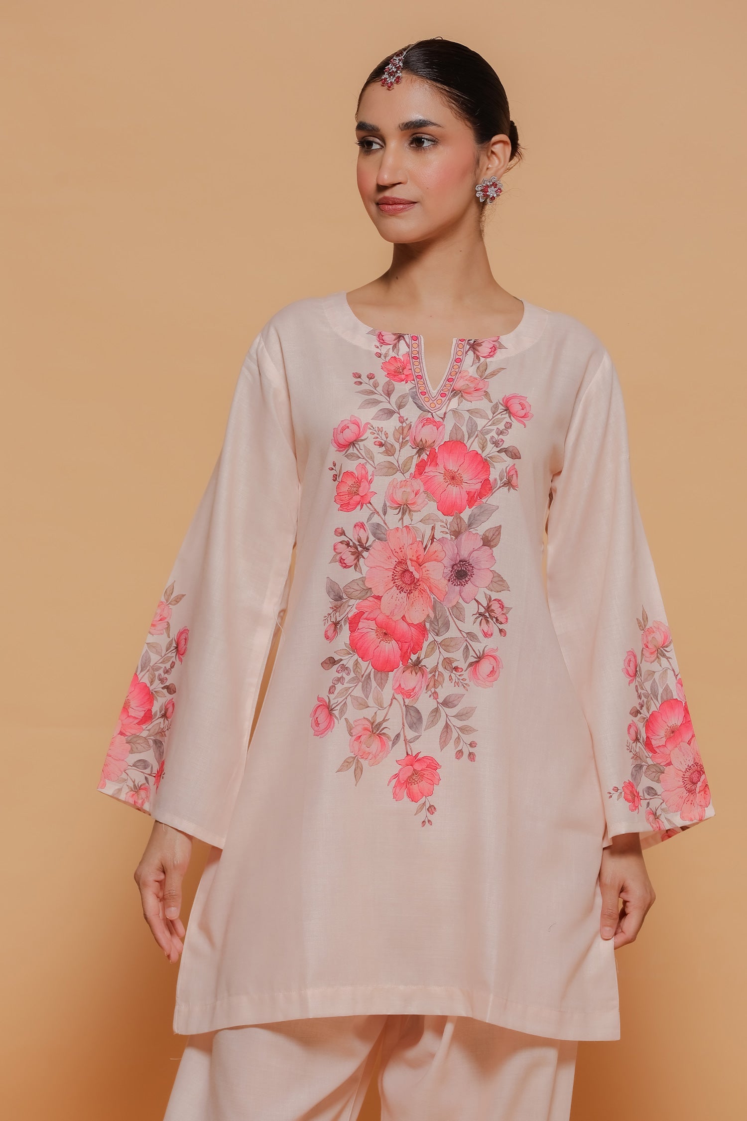 Blush Beige Floral Printed Lawn Cotton Kurta Set with Straight Pants