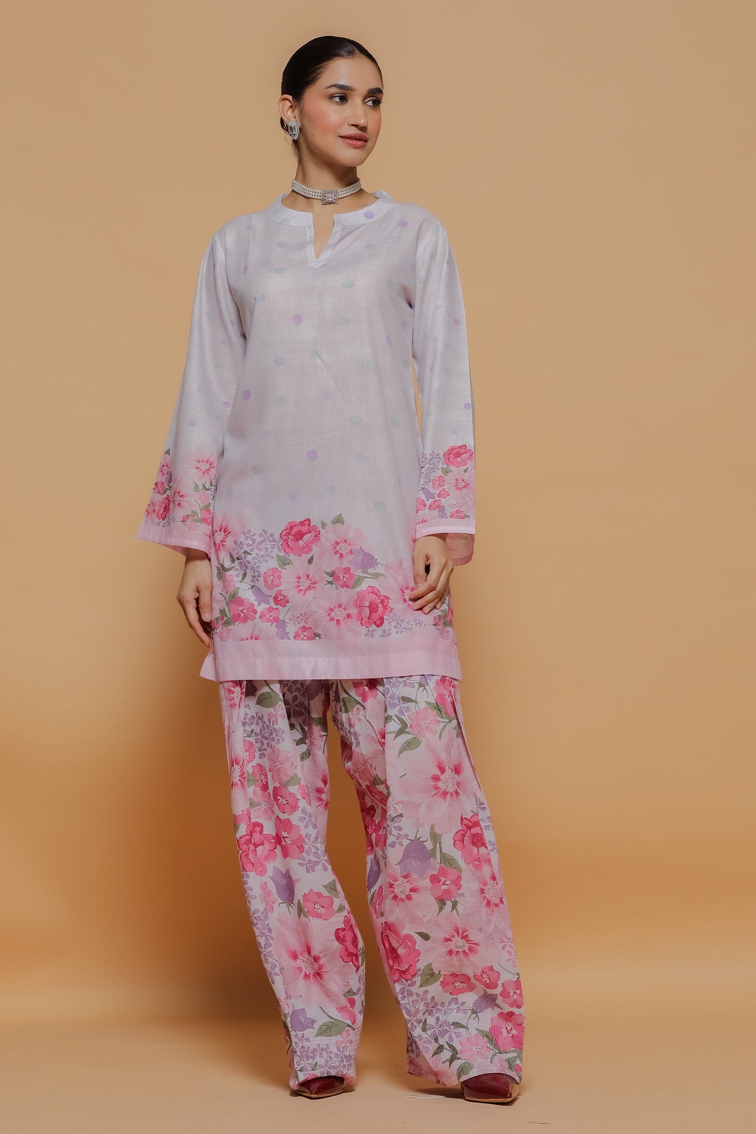 Blush Pink Printed Lawn Cotton Kurta Set with Farsi Pants