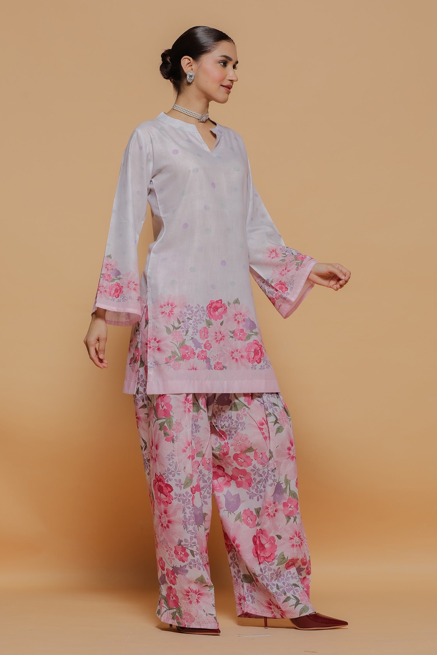 Blush Pink Printed Lawn Cotton Kurta Set with Farsi Pants
