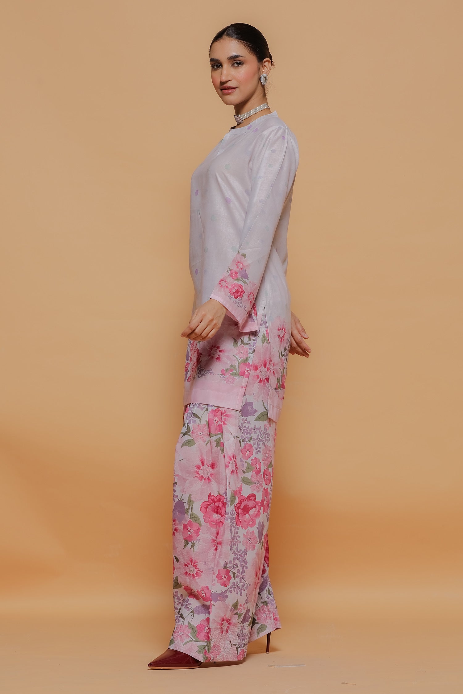 Blush Pink Printed Lawn Cotton Kurta Set with Farsi Pants