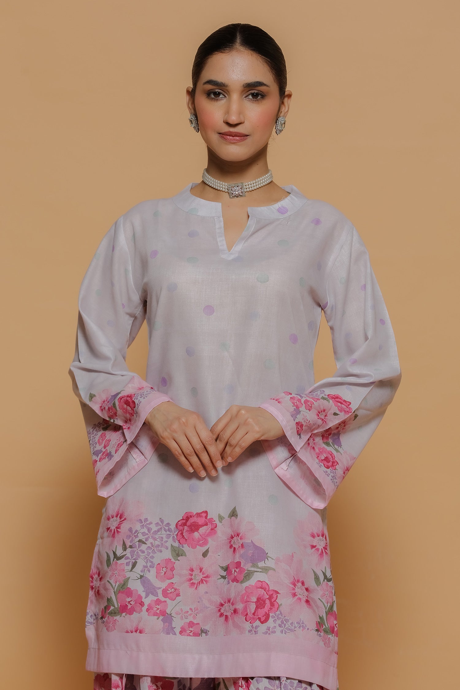 Blush Pink Printed Lawn Cotton Kurta Set with Farsi Pants