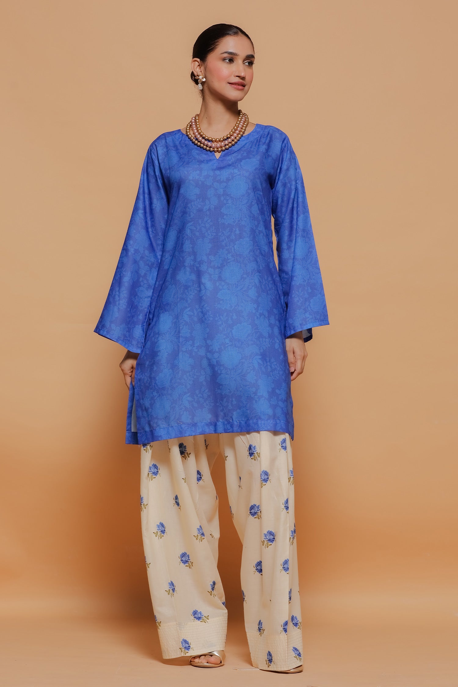 Blue Printed Lawn Cotton Kurta Set with Farsi Pants
