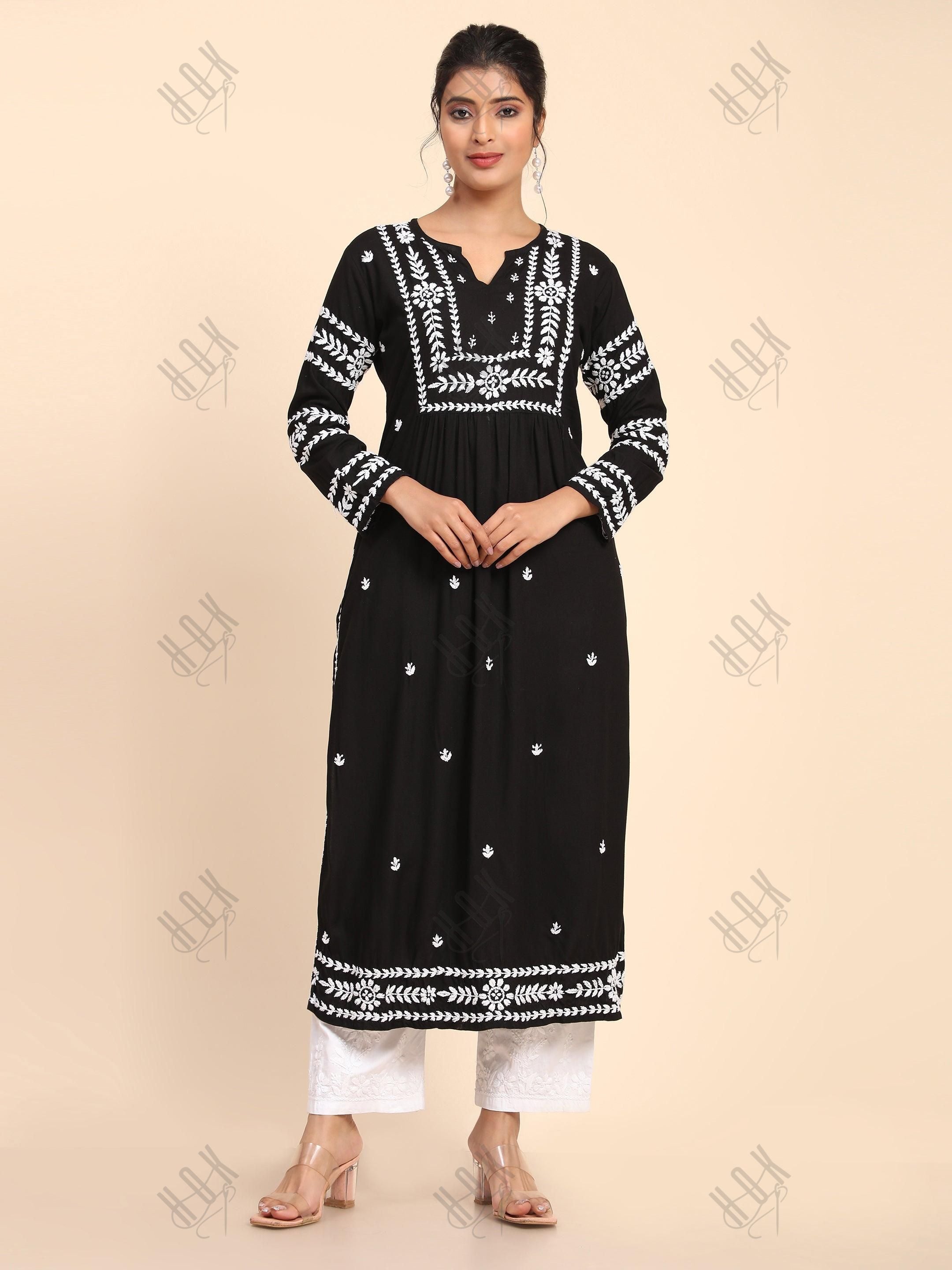 Shreya Jaiswal in HOK chikankari Long Kurta in Rayon Cotton for Women- Black - House Of Kari (Chikankari Clothing)