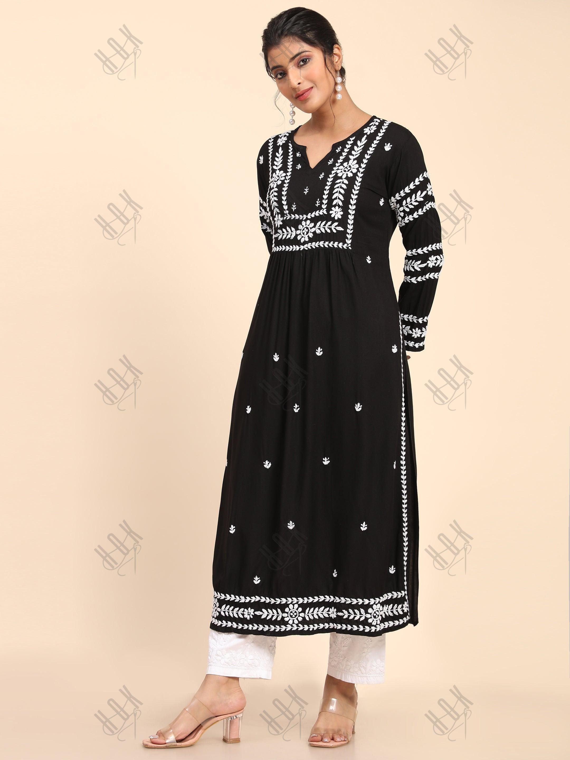 Shreya Jaiswal in HOK chikankari Long Kurta in Rayon Cotton for Women- Black - House Of Kari (Chikankari Clothing)