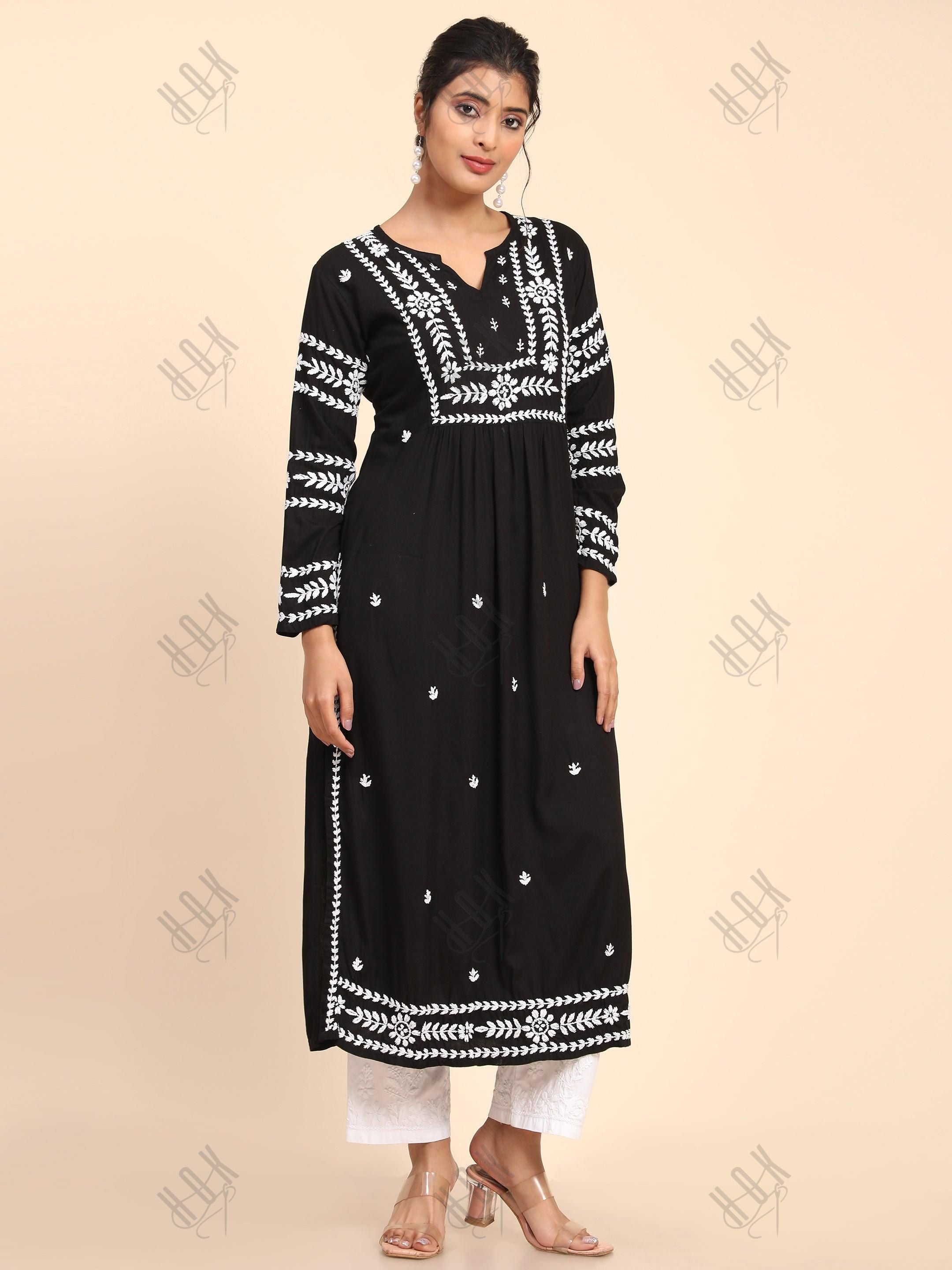 Shreya Jaiswal in HOK chikankari Long Kurta in Rayon Cotton for Women- Black - House Of Kari (Chikankari Clothing)