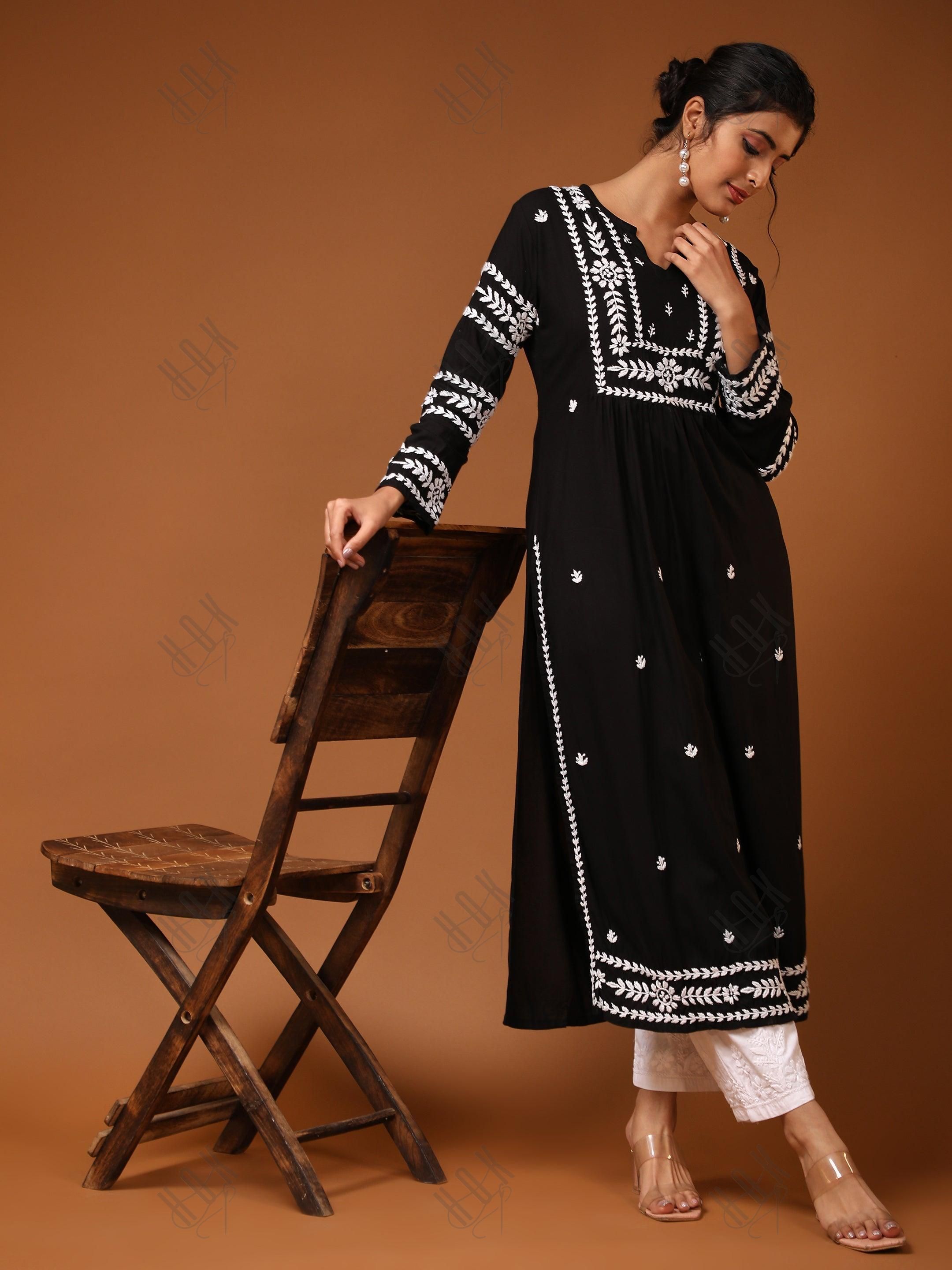 Shreya Jaiswal in HOK chikankari Long Kurta in Rayon Cotton for Women- Black - House Of Kari (Chikankari Clothing)