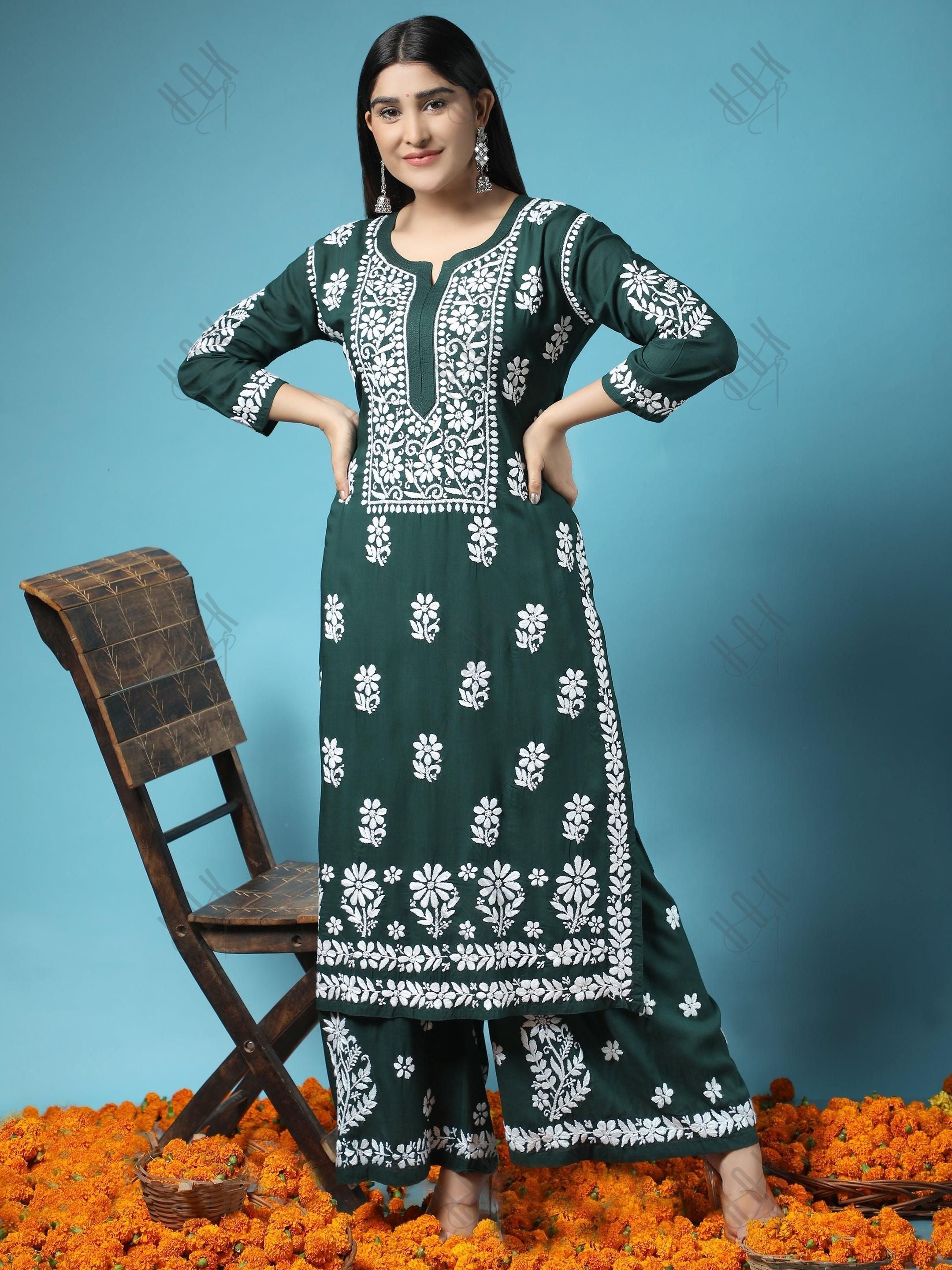 Samma Premium Hand Embroidery Chikankari Co-Ord Set in Modal Cotton Green - House Of Kari (Chikankari Clothing)