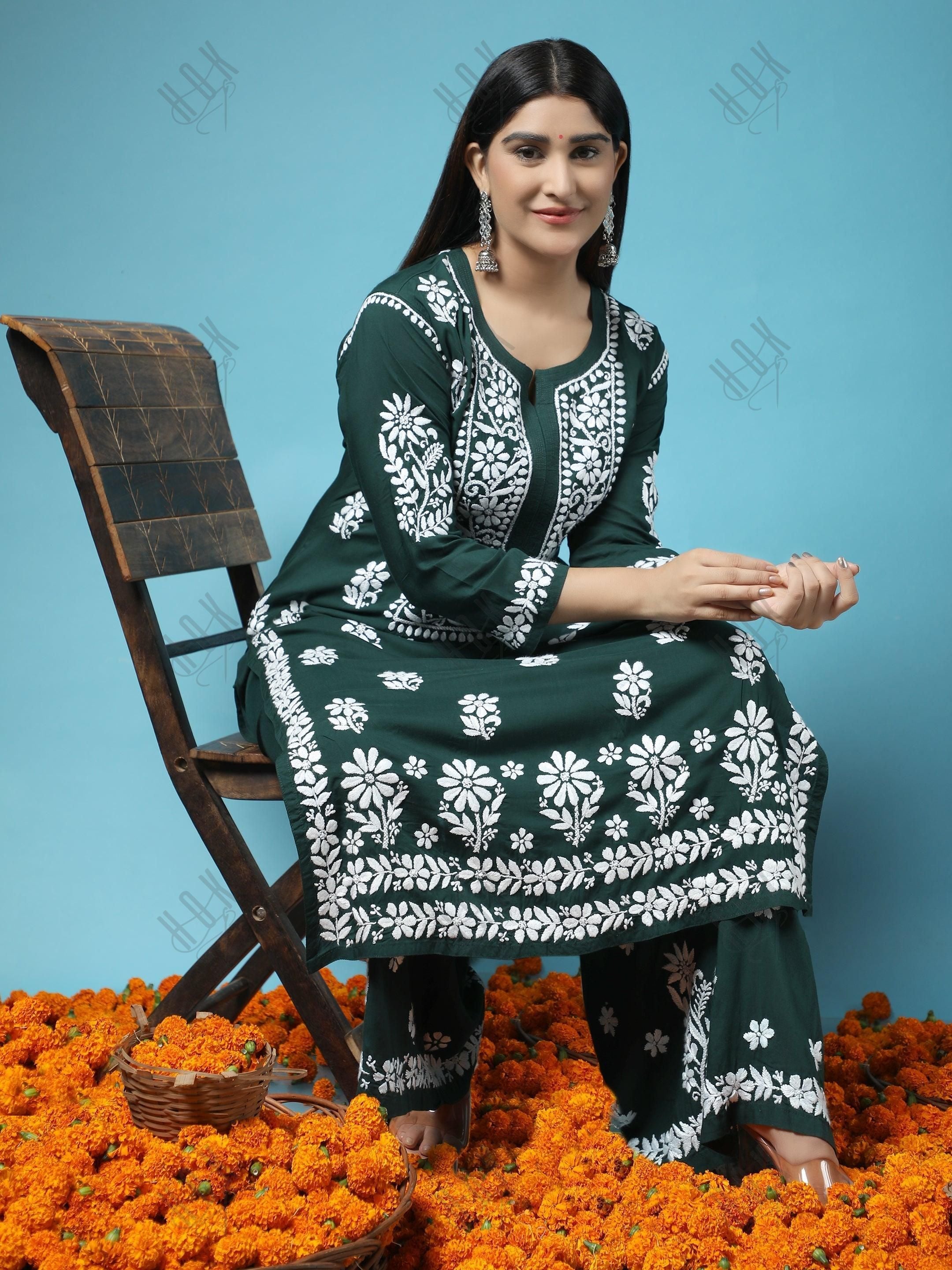 Samma Premium Hand Embroidery Chikankari Co-Ord Set in Modal Cotton Green - House Of Kari (Chikankari Clothing)