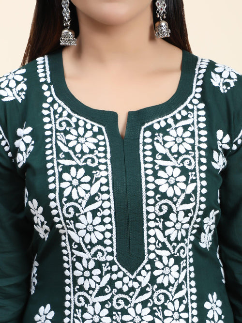 Samma Premium Hand Embroidery Chikankari Co-Ord Set in Modal Cotton Green - House Of Kari (Chikankari Clothing)