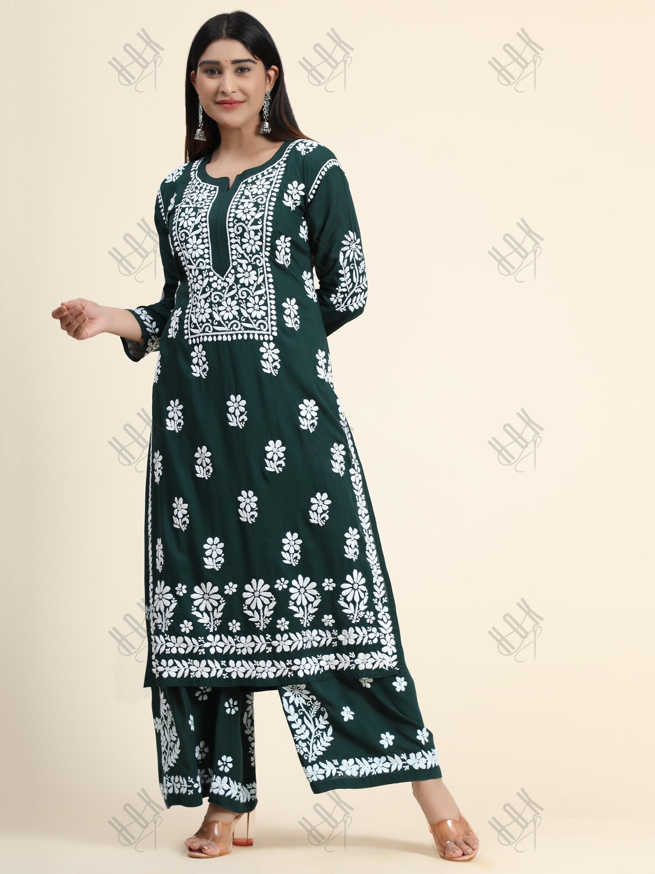 Samma Premium Hand Embroidery Chikankari Co-Ord Set in Modal Cotton Green - House Of Kari (Chikankari Clothing)