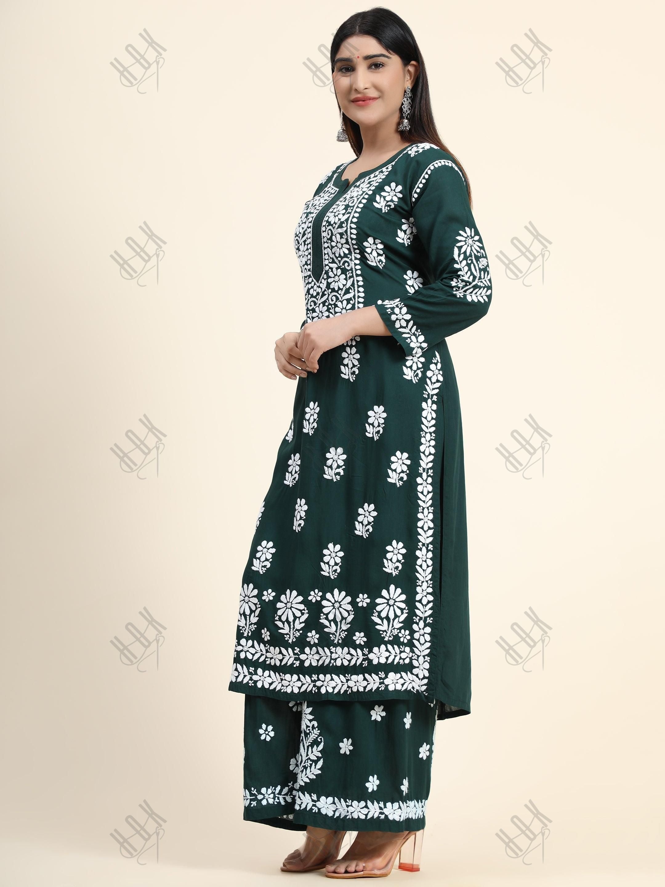 Samma Premium Hand Embroidery Chikankari Co-Ord Set in Modal Cotton Green - House Of Kari (Chikankari Clothing)