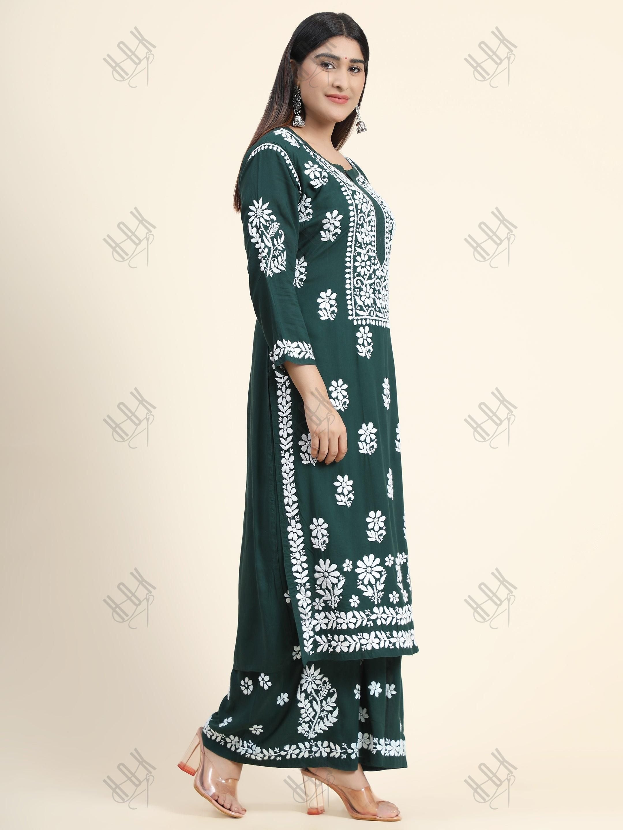 Samma Premium Hand Embroidery Chikankari Co-Ord Set in Modal Cotton Green - House Of Kari (Chikankari Clothing)