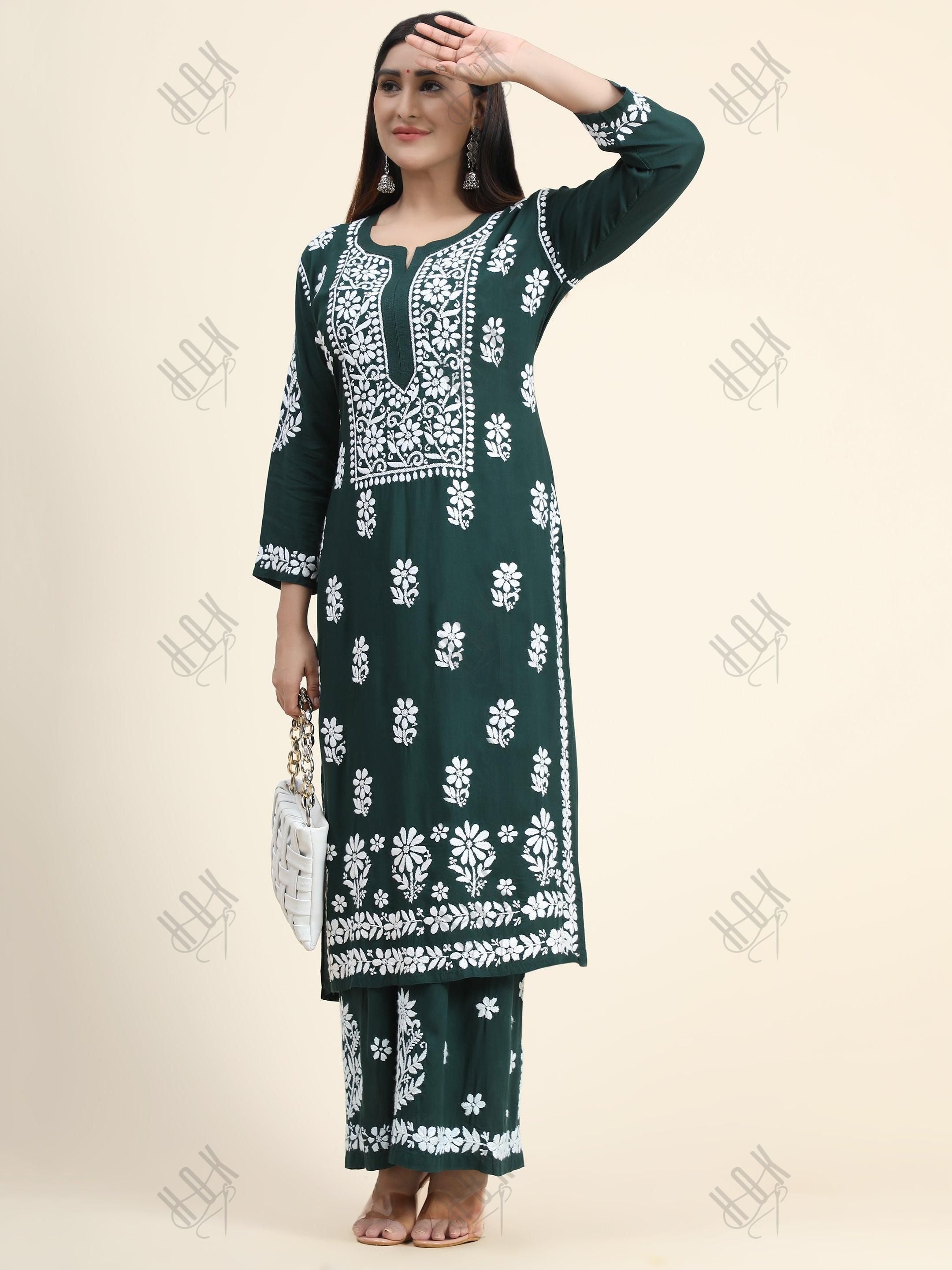 Samma Premium Hand Embroidery Chikankari Co-Ord Set in Modal Cotton Green - House Of Kari (Chikankari Clothing)