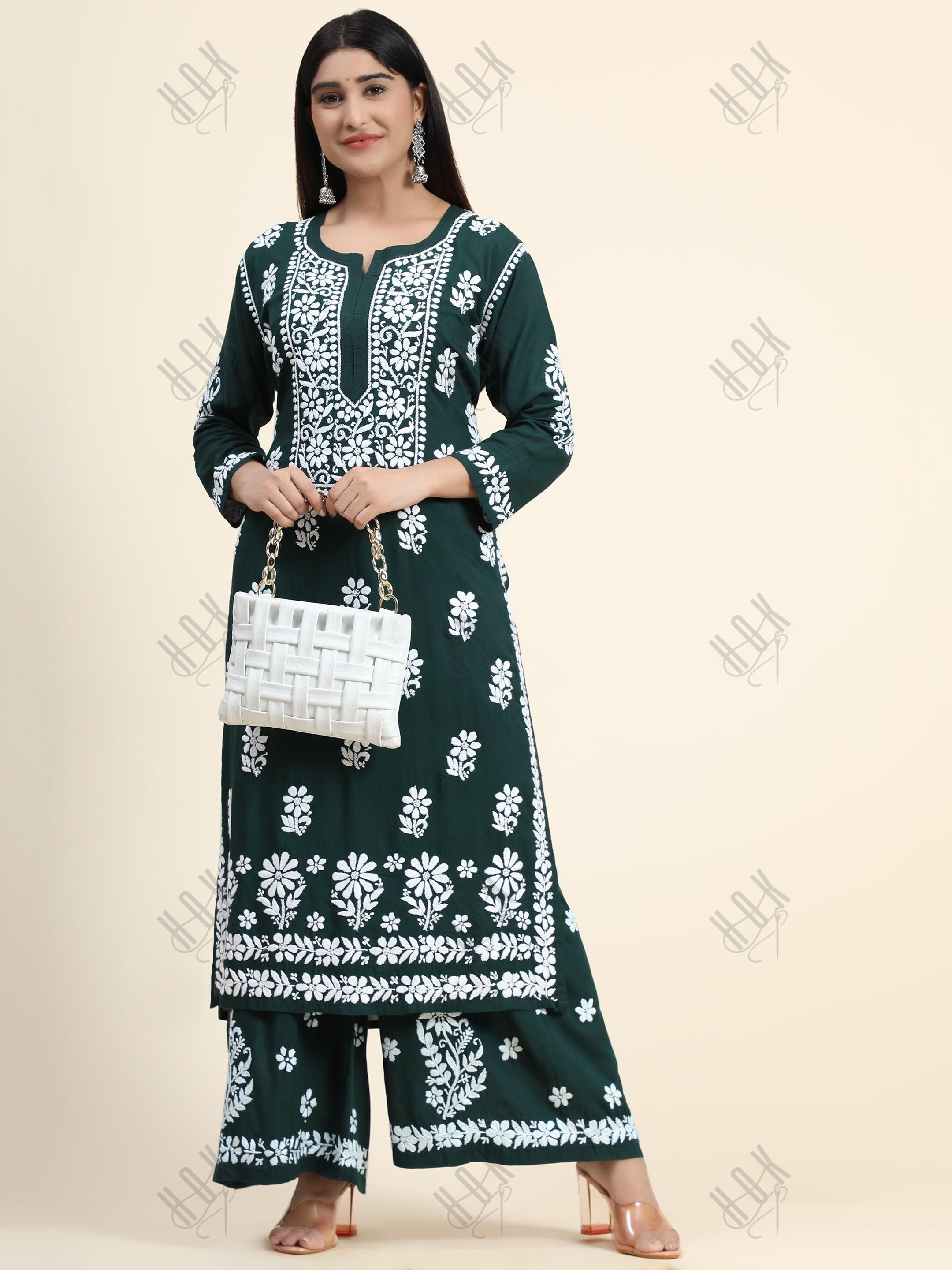 Samma Premium Hand Embroidery Chikankari Co-Ord Set in Modal Cotton Green - House Of Kari (Chikankari Clothing)