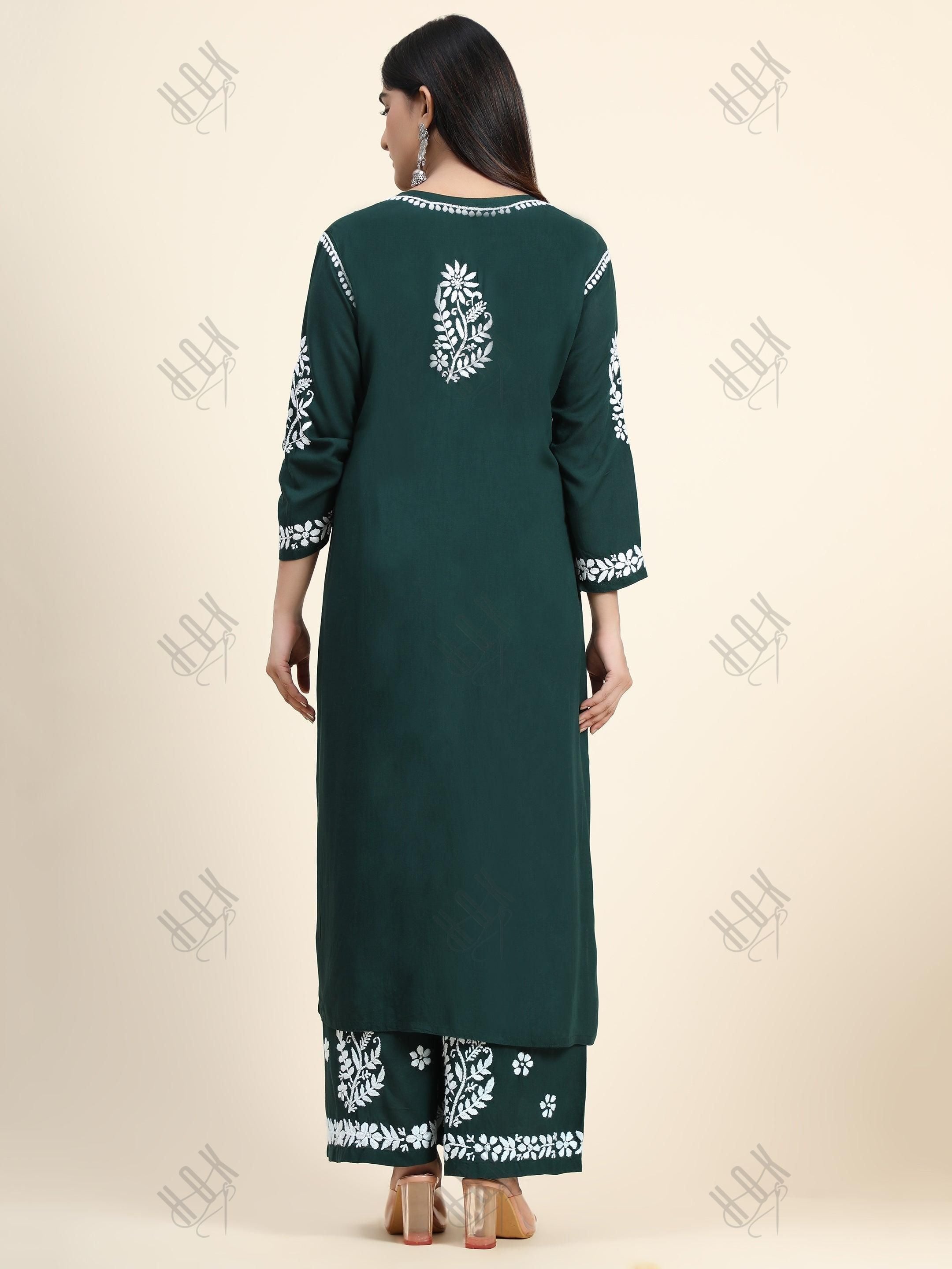 Samma Premium Hand Embroidery Chikankari Co-Ord Set in Modal Cotton Green - House Of Kari (Chikankari Clothing)