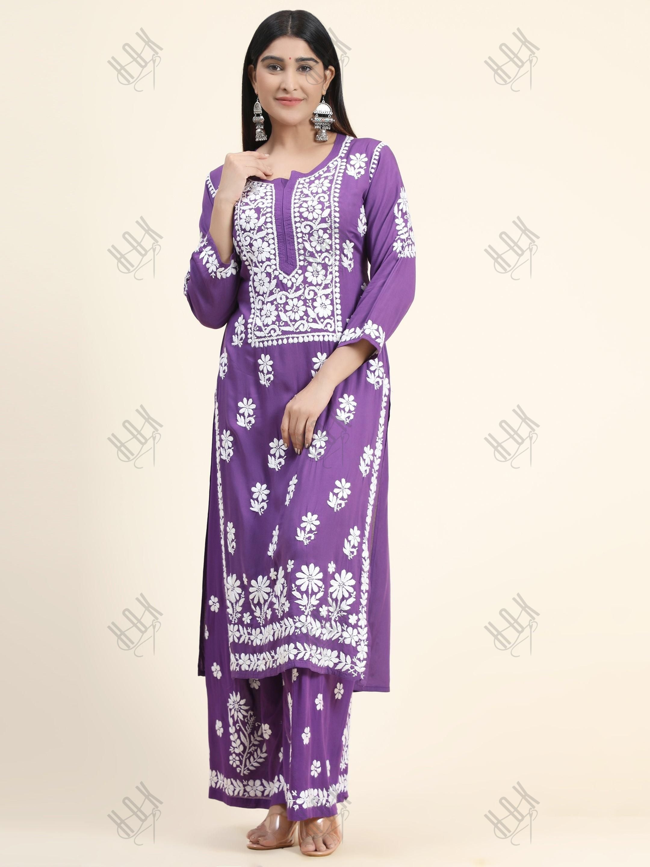 Samma Premium Hand Embroidery Chikankari Co-Ord Set in Modal Cotton Purple - House Of Kari (Chikankari Clothing)