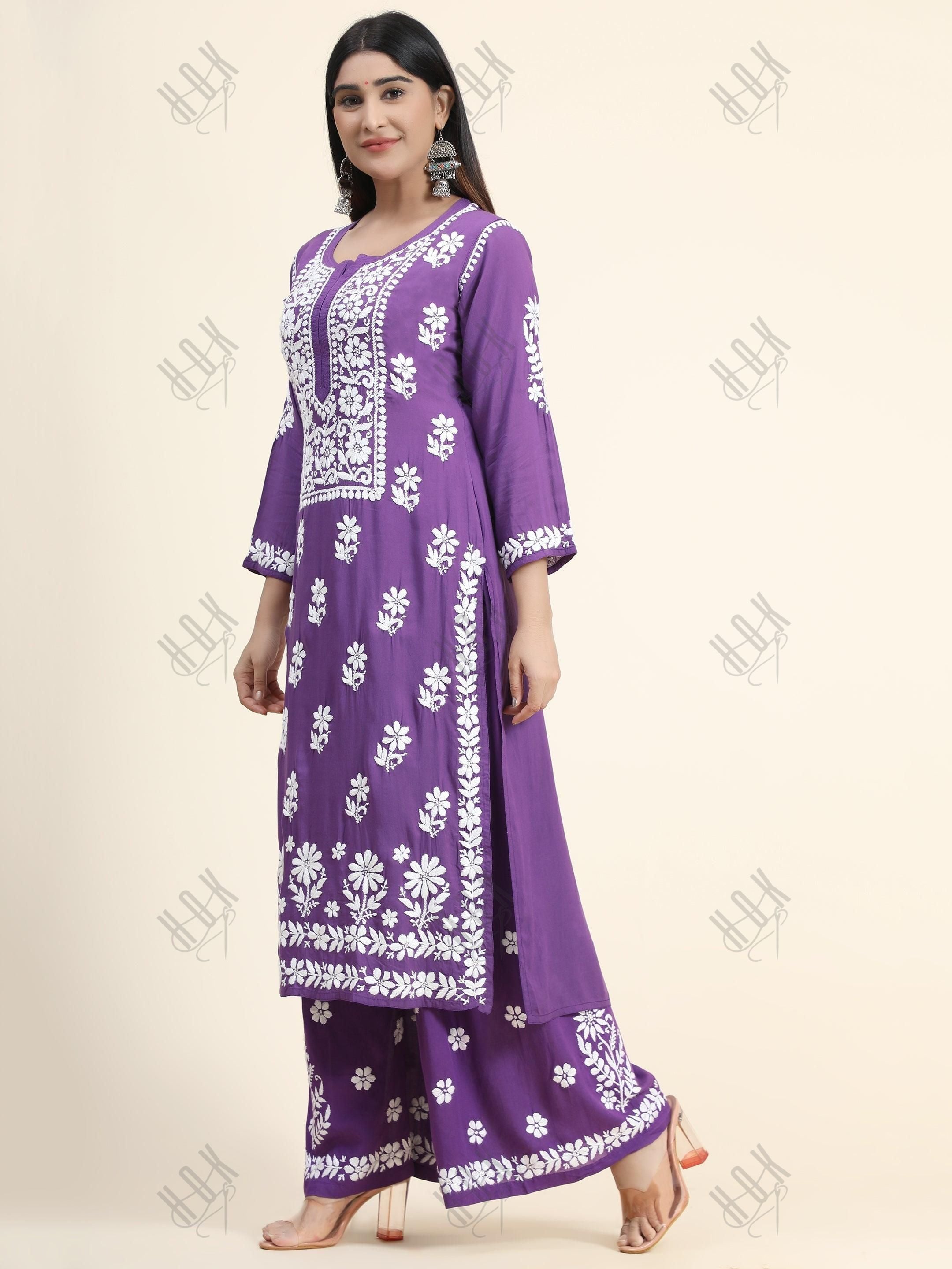 Samma Premium Hand Embroidery Chikankari Co-Ord Set in Modal Cotton Purple - House Of Kari (Chikankari Clothing)