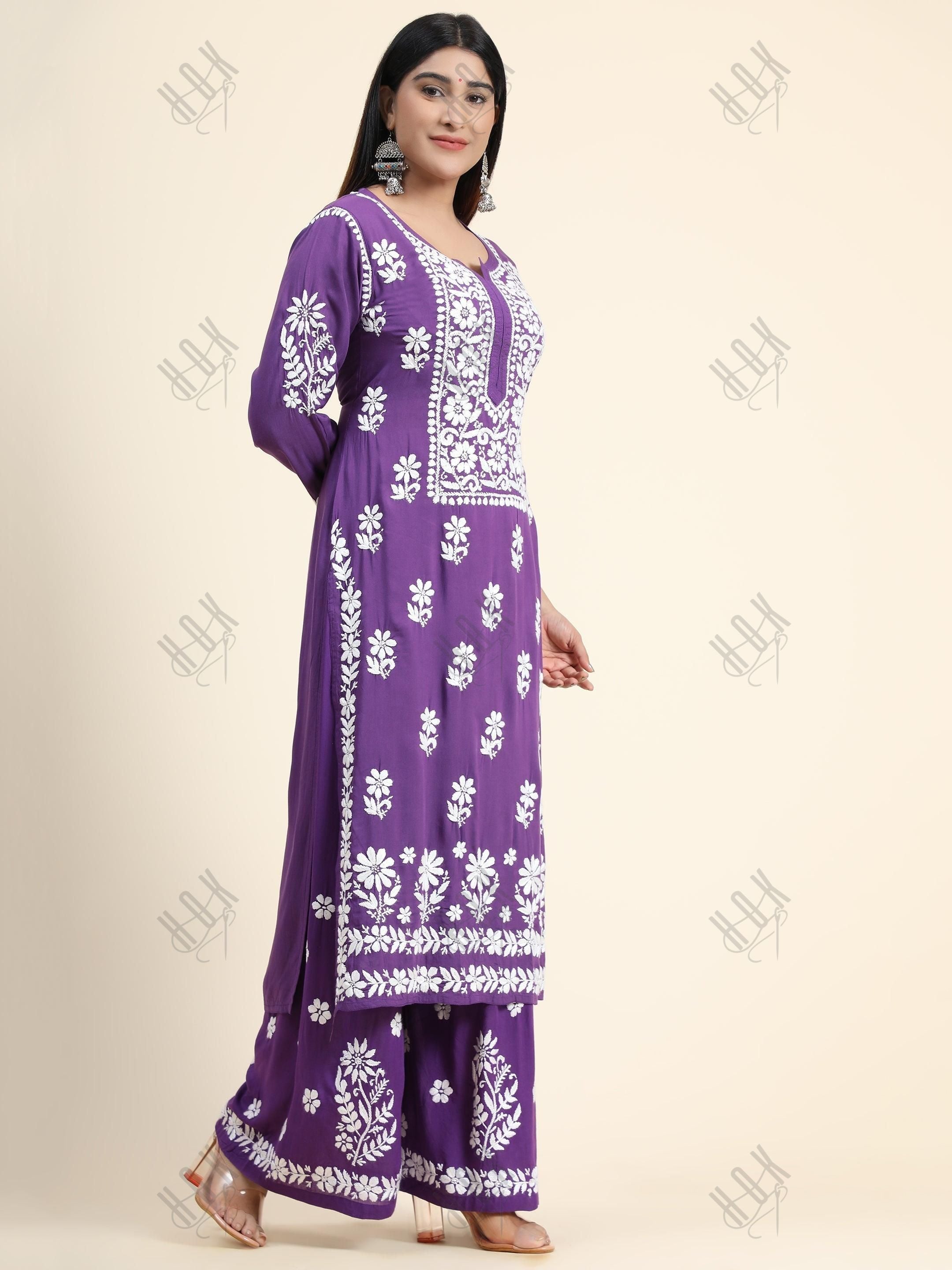 Samma Premium Hand Embroidery Chikankari Co-Ord Set in Modal Cotton Purple - House Of Kari (Chikankari Clothing)