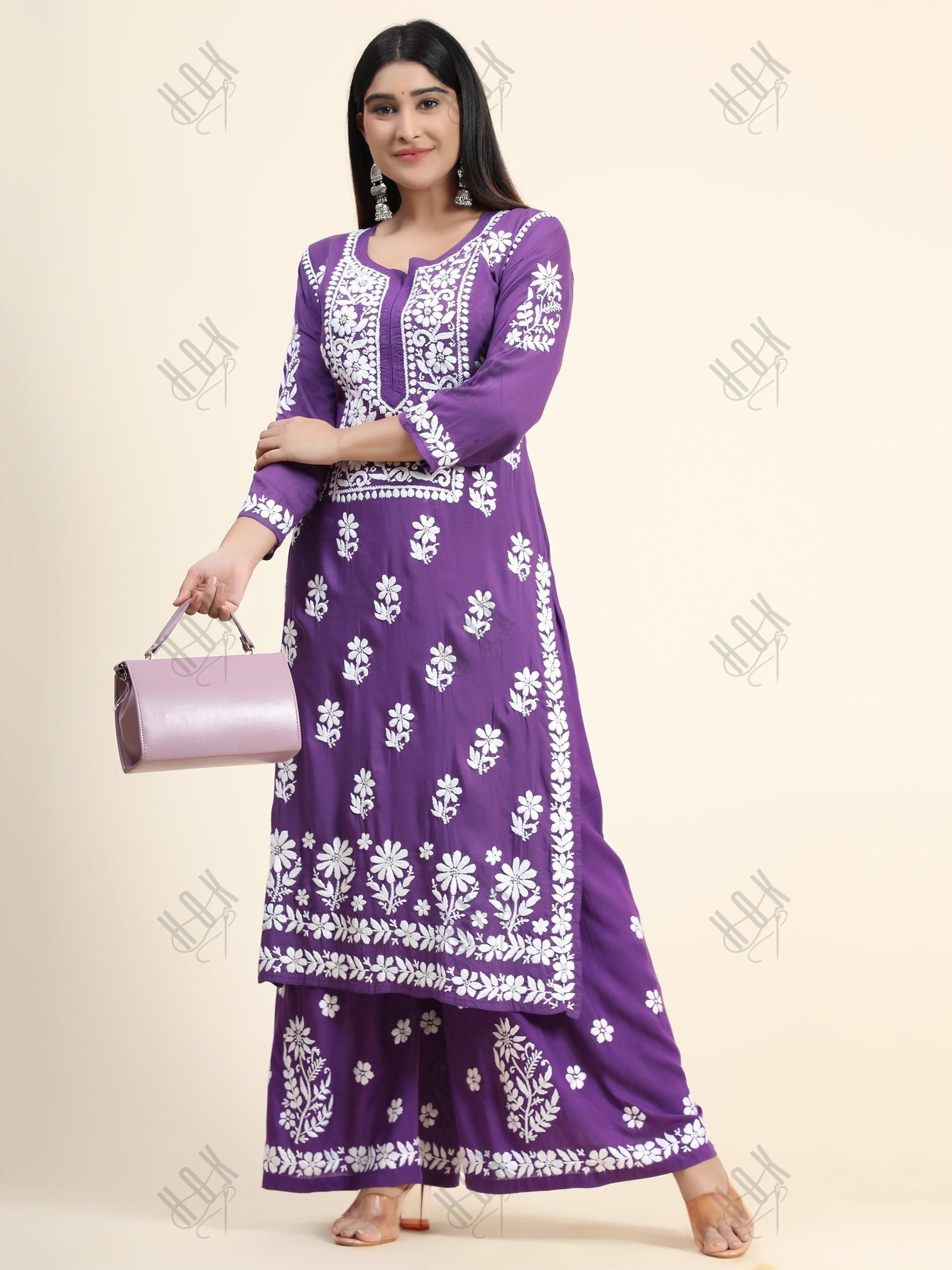 Samma Premium Hand Embroidery Chikankari Co-Ord Set in Modal Cotton Purple - House Of Kari (Chikankari Clothing)