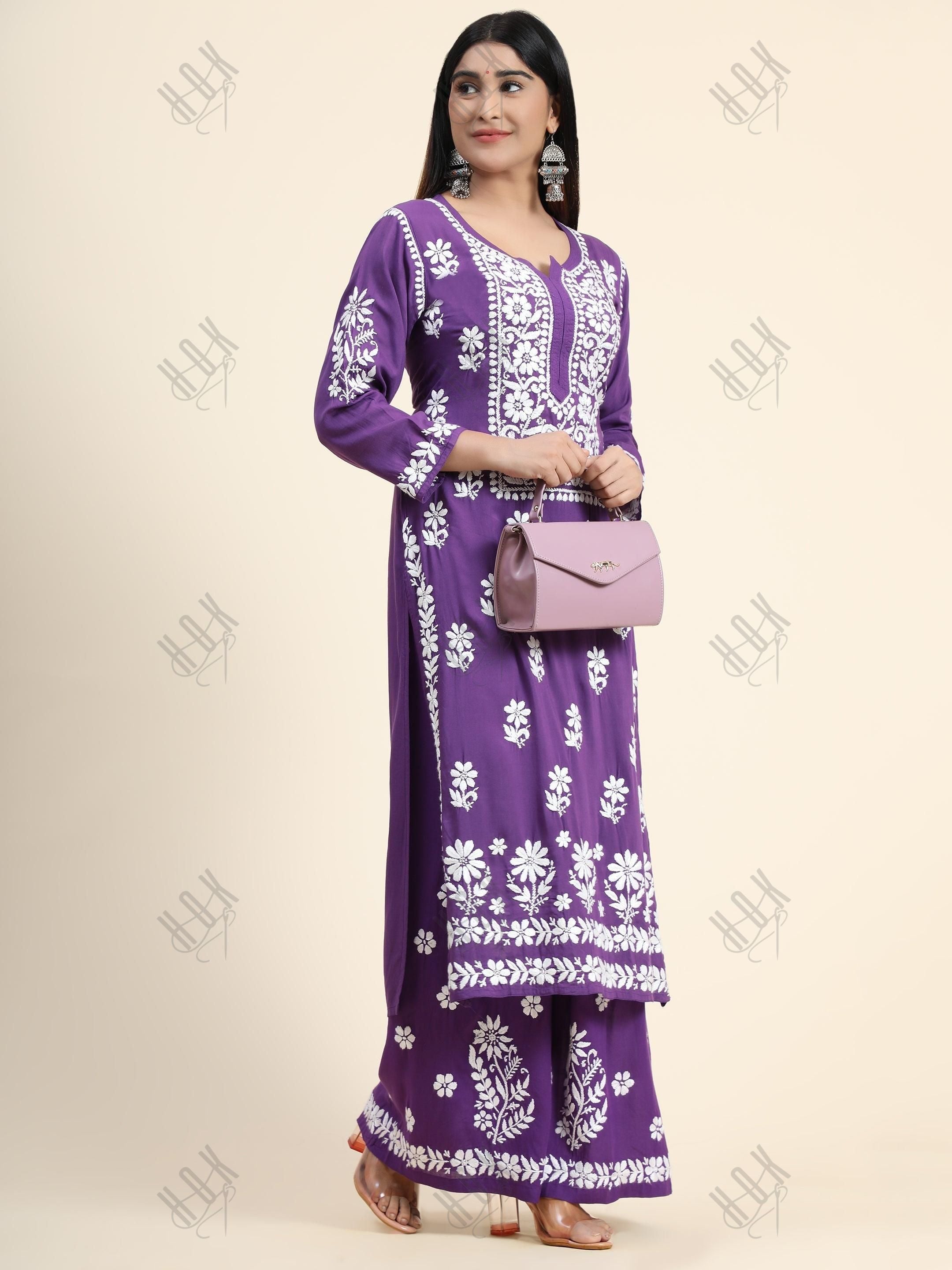 Samma Premium Hand Embroidery Chikankari Co-Ord Set in Modal Cotton Purple - House Of Kari (Chikankari Clothing)