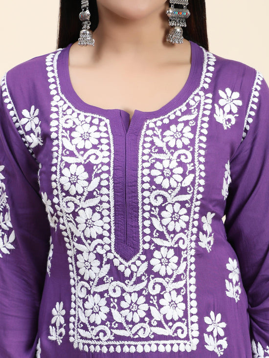Samma Premium Hand Embroidery Chikankari Co-Ord Set in Modal Cotton Purple - House Of Kari (Chikankari Clothing)