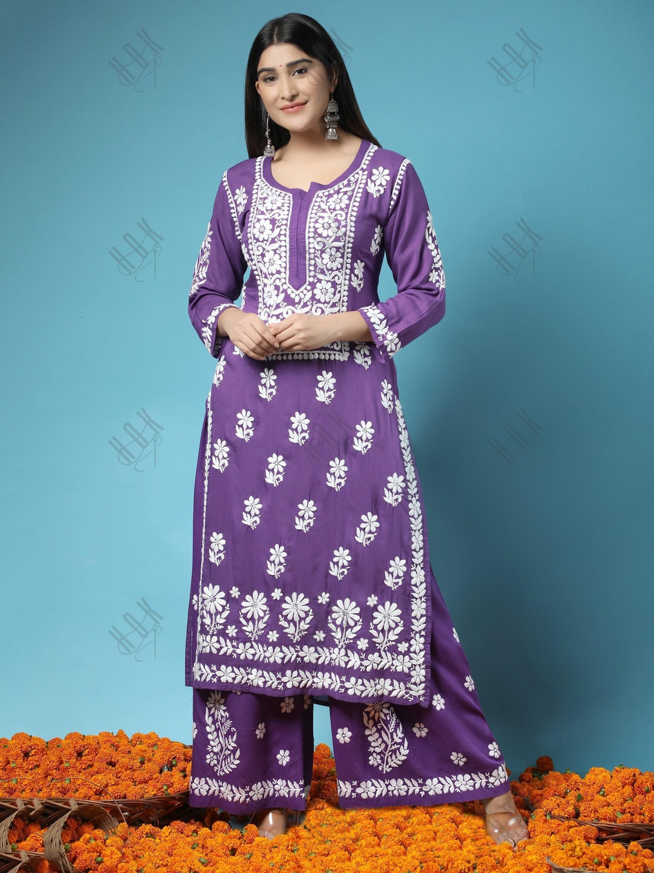 Samma Premium Hand Embroidery Chikankari Co-Ord Set in Modal Cotton Purple - House Of Kari (Chikankari Clothing)