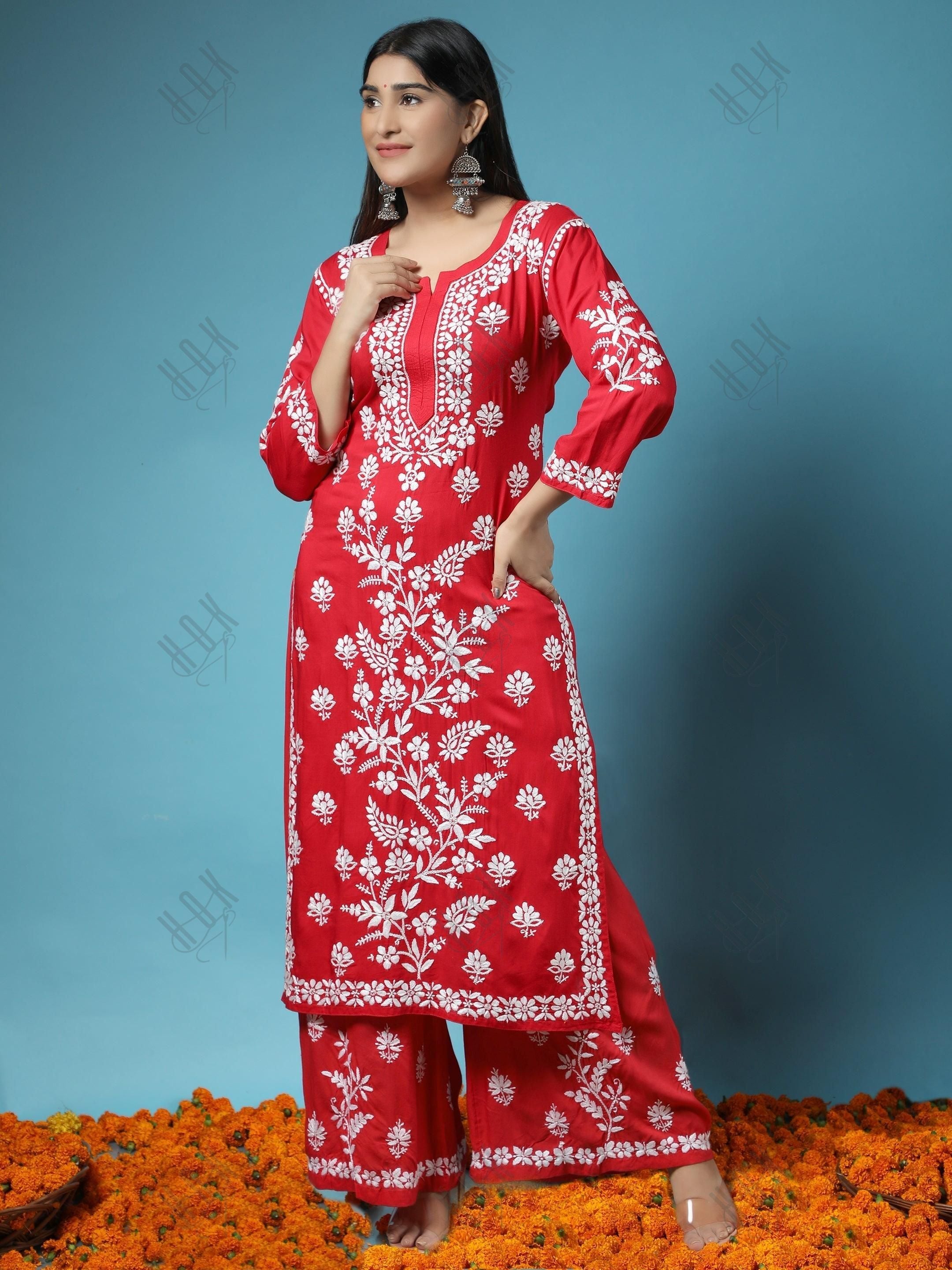 Samma Premium Hand Embroidery Chikankari Co-Ord Set in Modal Cotton - Red - House Of Kari (Chikankari Clothing)