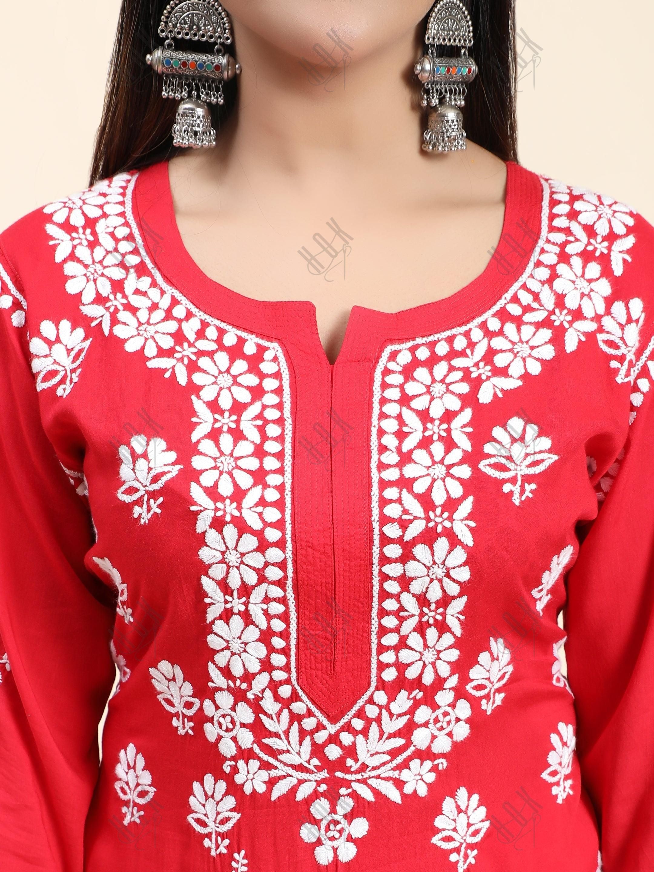 Samma Premium Hand Embroidery Chikankari Co-Ord Set in Modal Cotton - Red - House Of Kari (Chikankari Clothing)