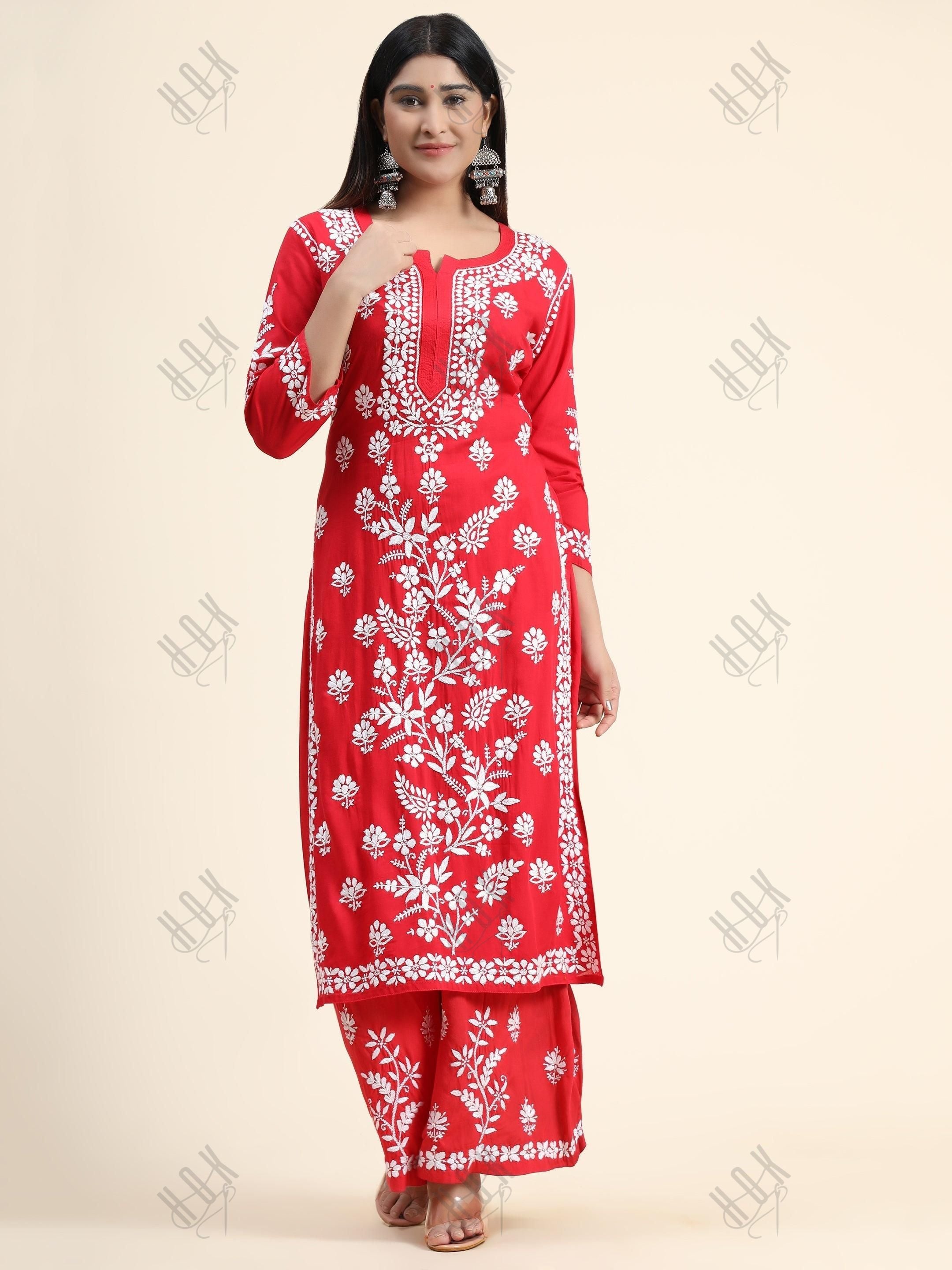 Samma Premium Hand Embroidery Chikankari Co-Ord Set in Modal Cotton - Red - House Of Kari (Chikankari Clothing)