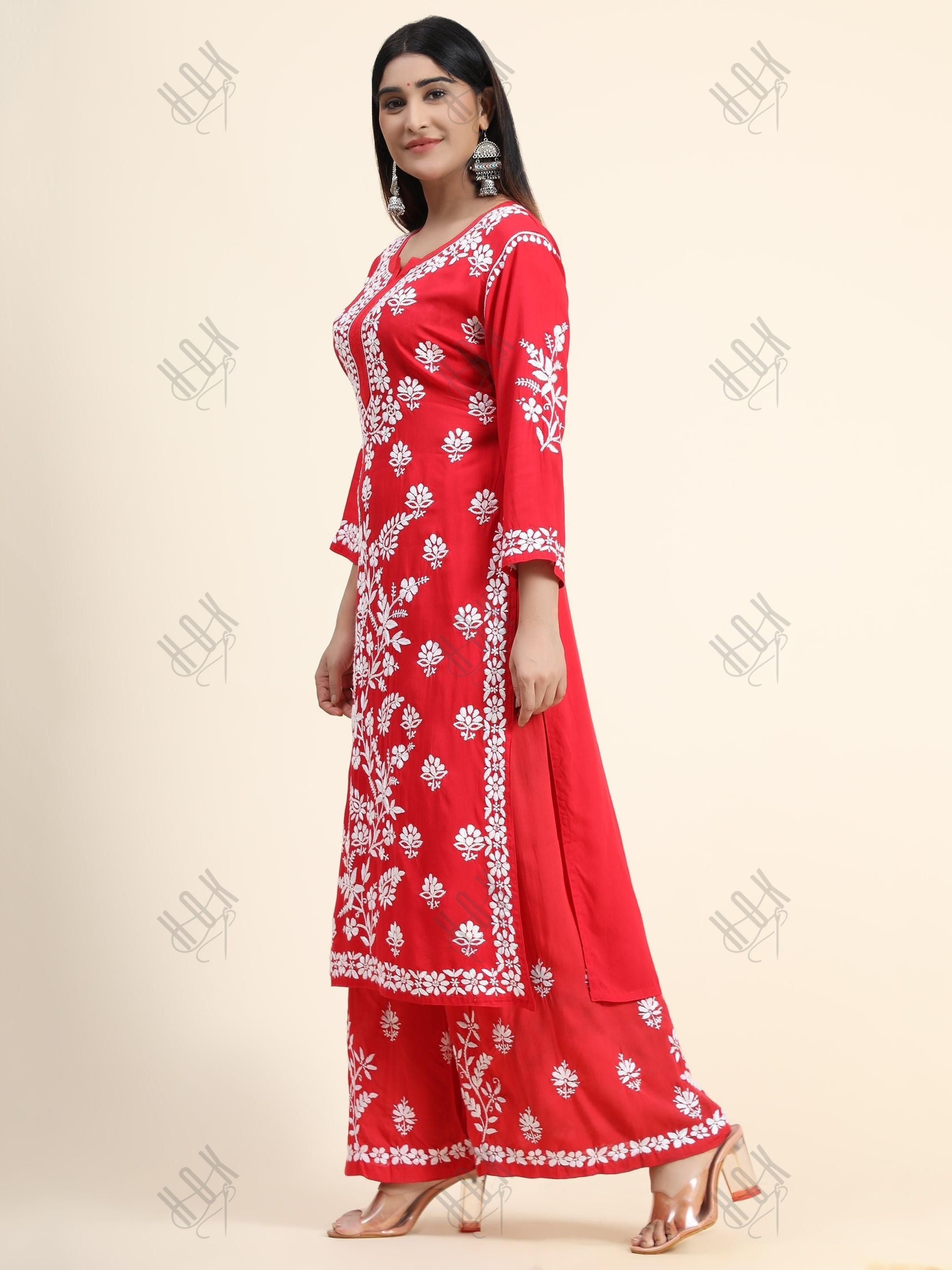 Samma Premium Hand Embroidery Chikankari Co-Ord Set in Modal Cotton - Red - House Of Kari (Chikankari Clothing)