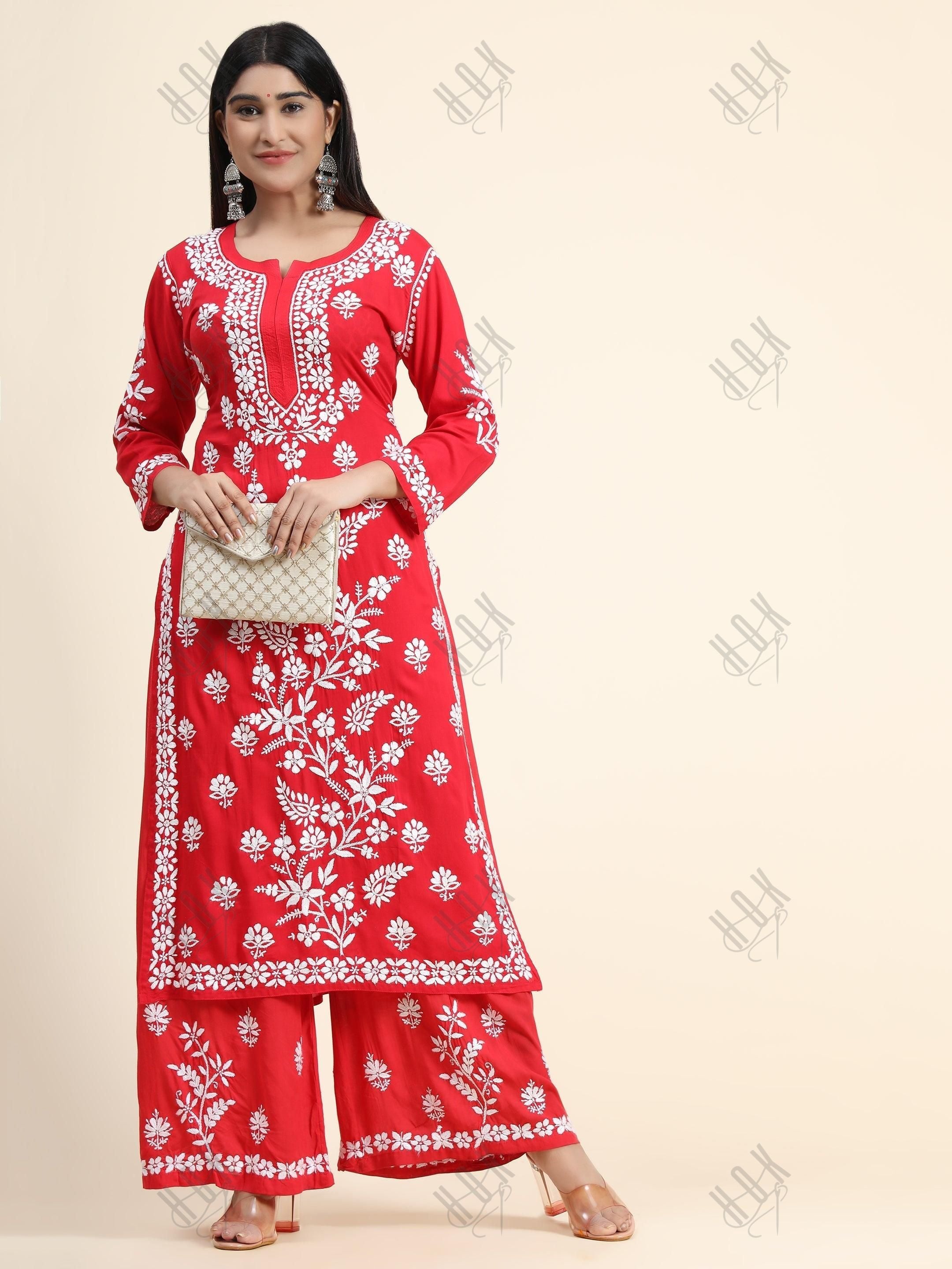 Samma Premium Hand Embroidery Chikankari Co-Ord Set in Modal Cotton - Red - House Of Kari (Chikankari Clothing)