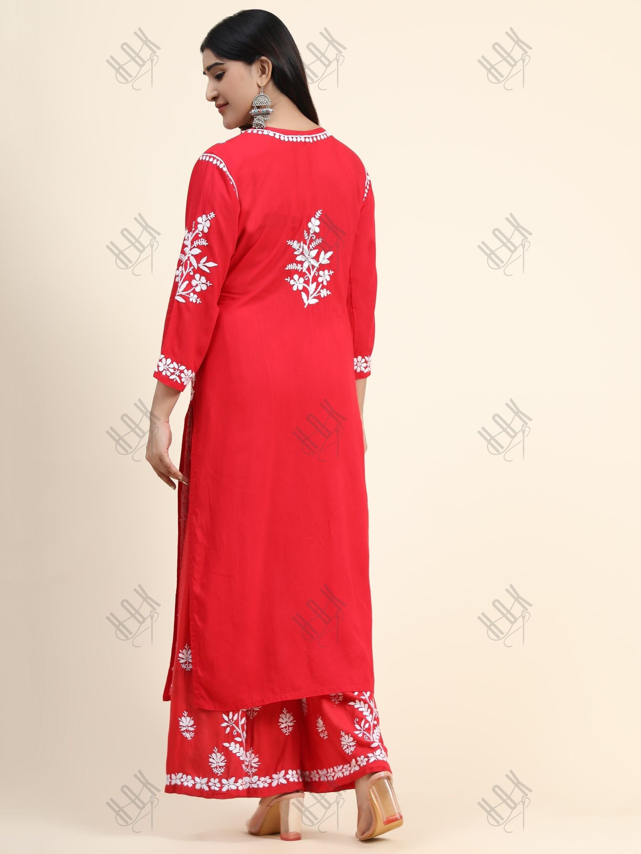 Samma Premium Hand Embroidery Chikankari Co-Ord Set in Modal Cotton - Red - House Of Kari (Chikankari Clothing)