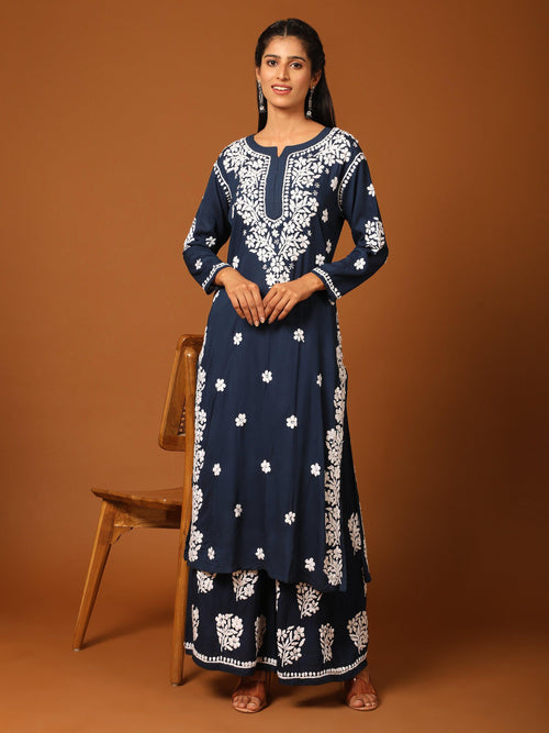 Samma Chikankari CO-ORD Set In Modal Cotton for Women In Blue - House Of Kari (Chikankari Clothing)