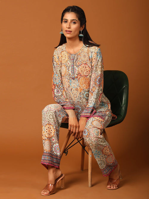 Shivani Girdhar in Samma Chikankari Co-ord Set in Polysilk for Women- Orange multicolour Print - House Of Kari (Chikankari Clothing)