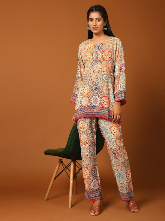 Samma Chikankari Co-ord Set in Polysilk for Women- Orange multicolour Print - House Of Kari (Chikankari Clothing)