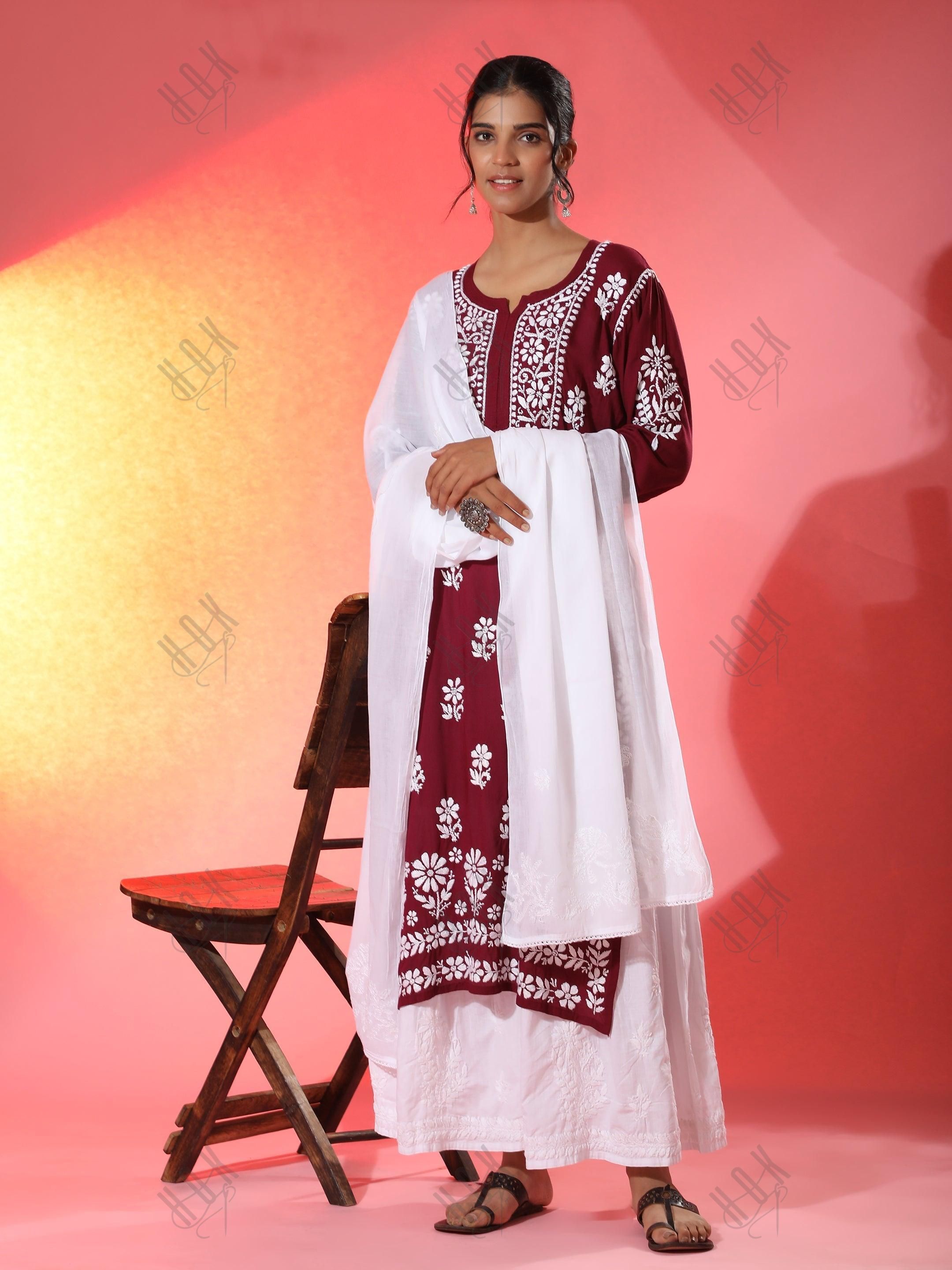 Pooja Gor in Premium Hand Embroidery Chikankari Kurta Modal Cotton- Maroon - House Of Kari (Chikankari Clothing)