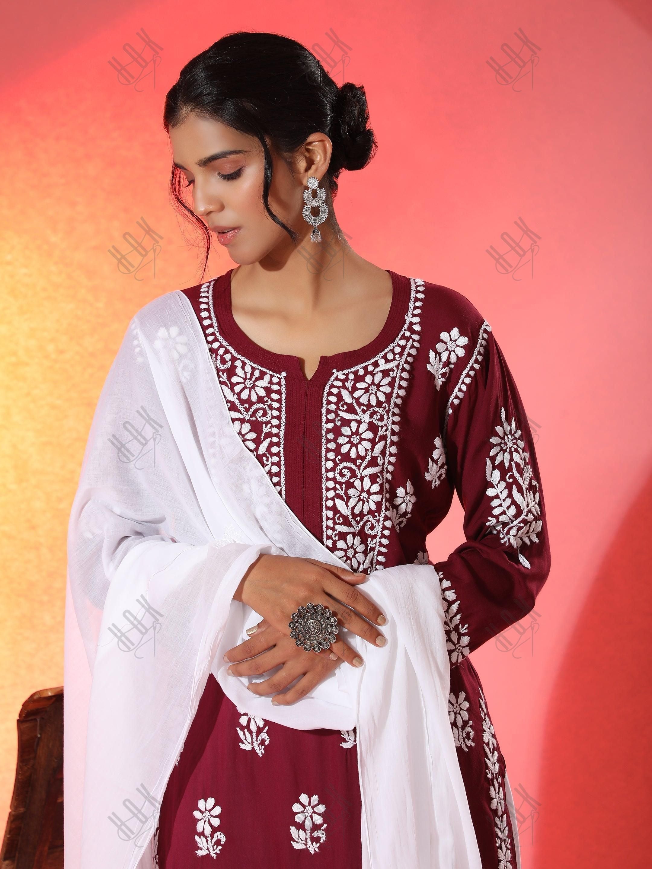 Pooja Gor in Premium Hand Embroidery Chikankari Kurta Modal Cotton- Maroon - House Of Kari (Chikankari Clothing)