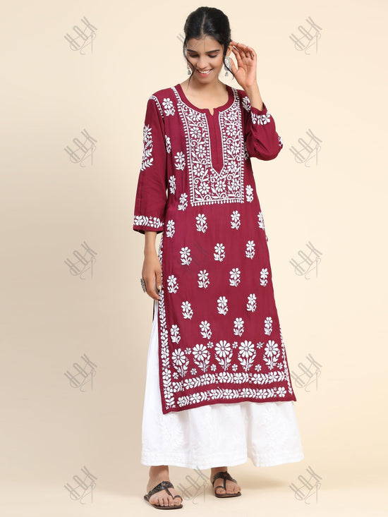 Pooja Gor in Premium Hand Embroidery Chikankari Kurta Modal Cotton- Maroon - House Of Kari (Chikankari Clothing)