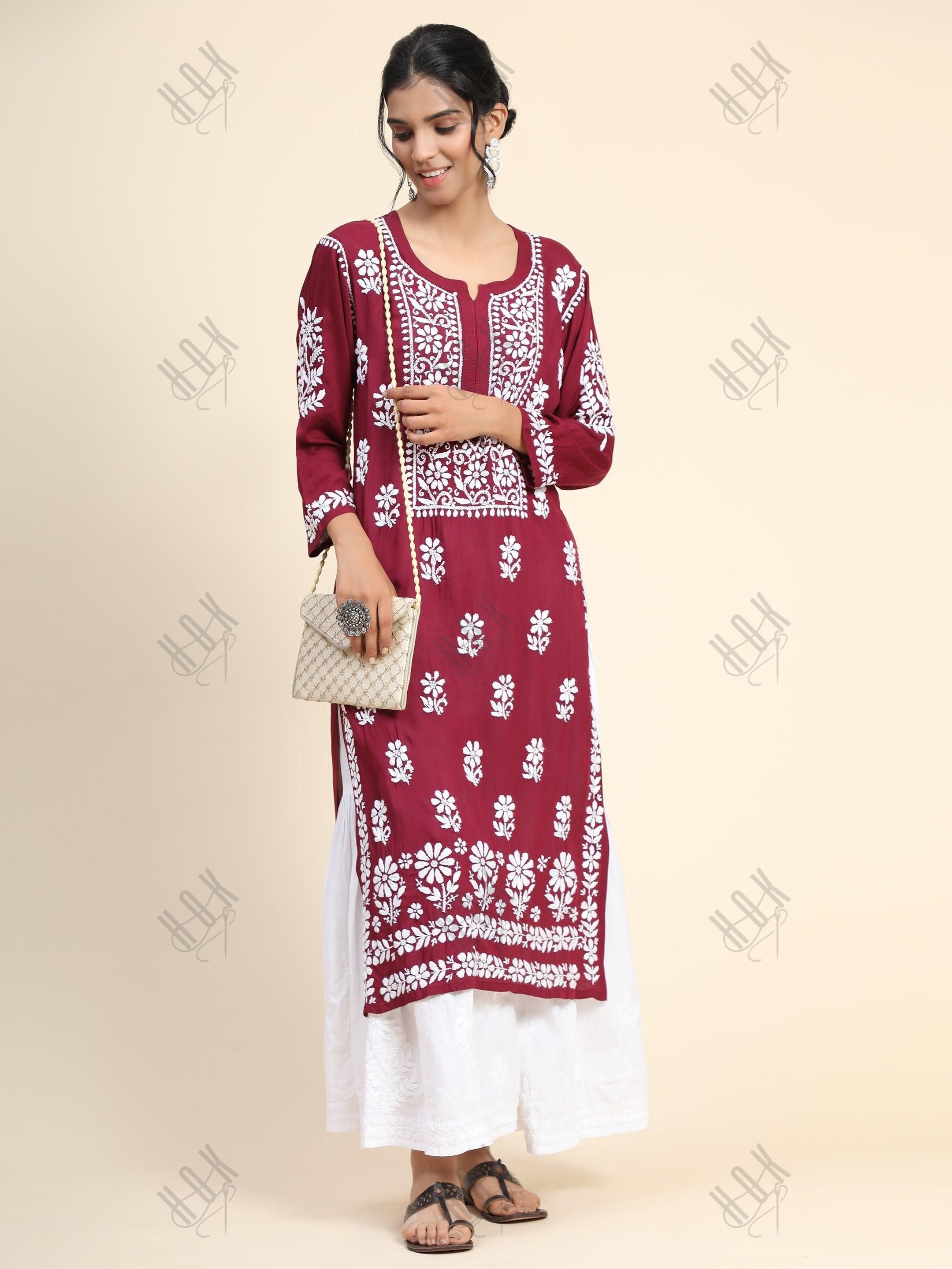 Pooja Gor in Premium Hand Embroidery Chikankari Kurta Modal Cotton- Maroon - House Of Kari (Chikankari Clothing)