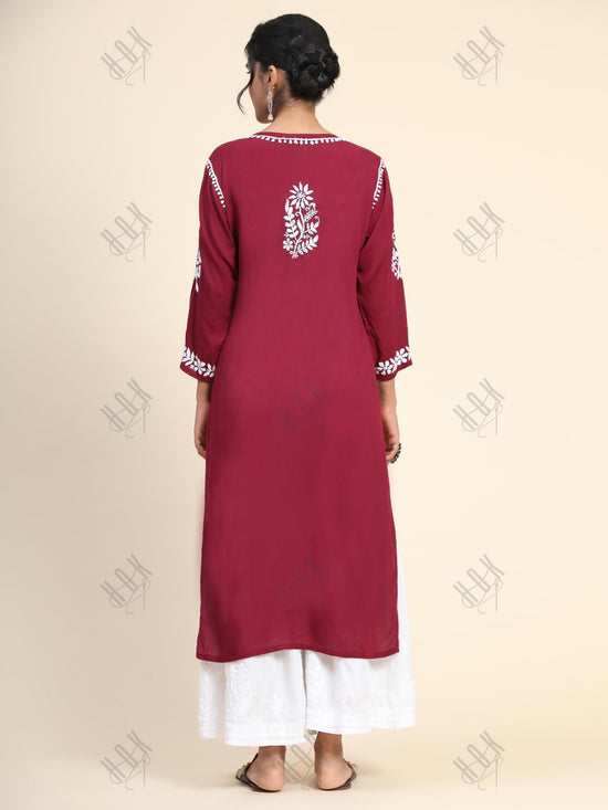 Pooja Gor in Premium Hand Embroidery Chikankari Kurta Modal Cotton- Maroon - House Of Kari (Chikankari Clothing)