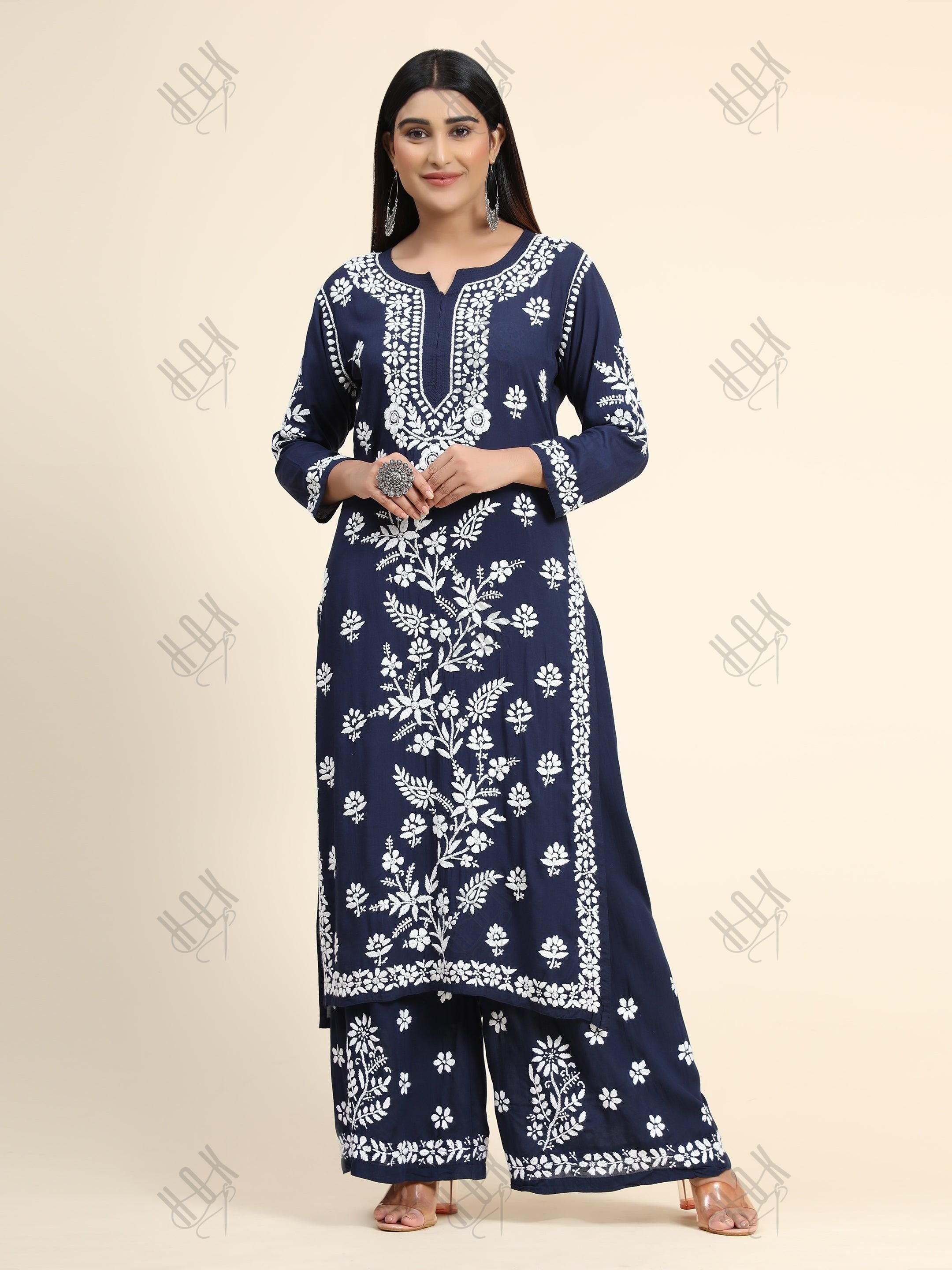 Samma Premium Hand Embroidery Chikankari Co-Ord Set in Modal Cotton Blue - House Of Kari (Chikankari Clothing)