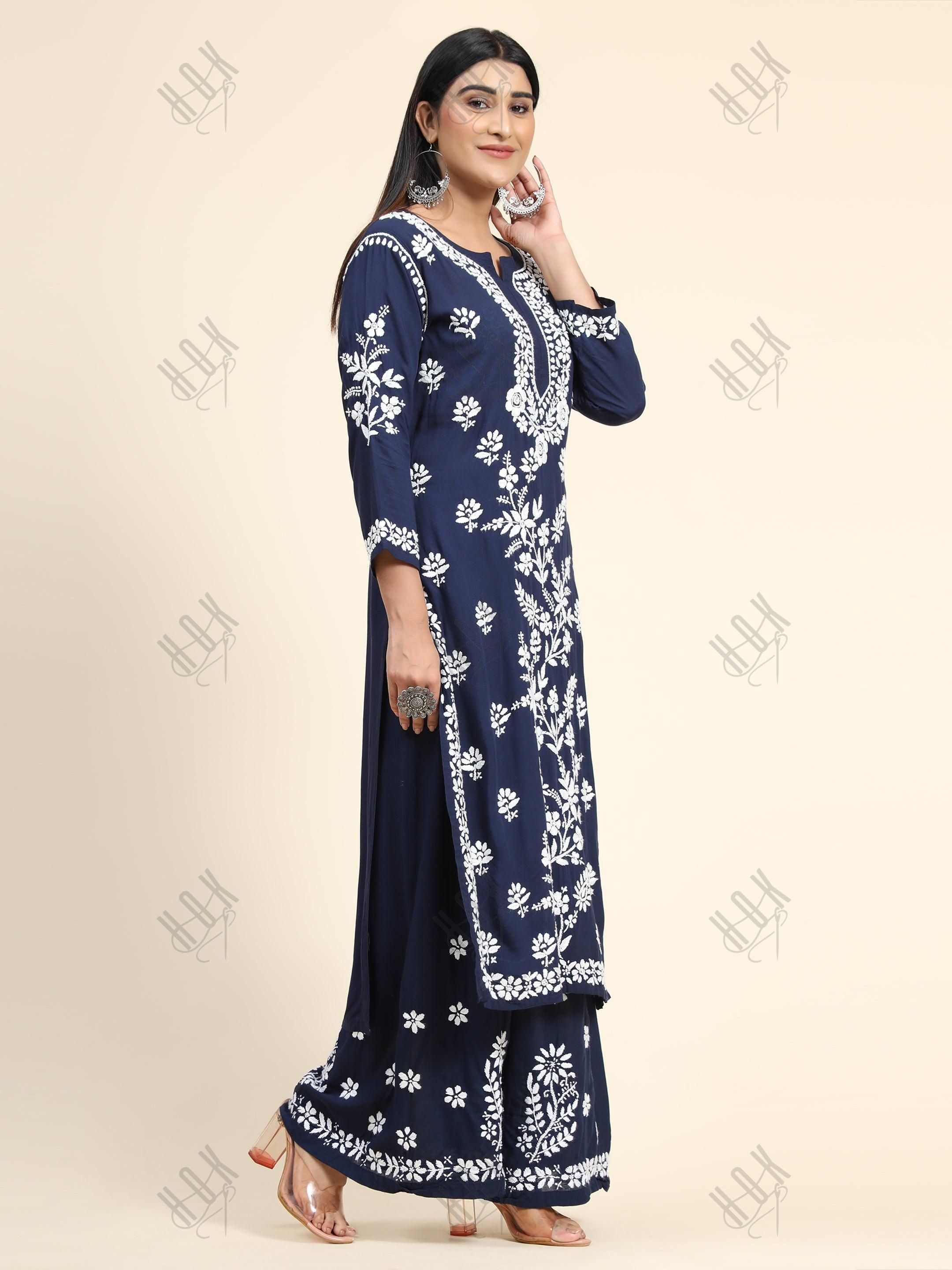 Samma Premium Hand Embroidery Chikankari Co-Ord Set in Modal Cotton Blue - House Of Kari (Chikankari Clothing)