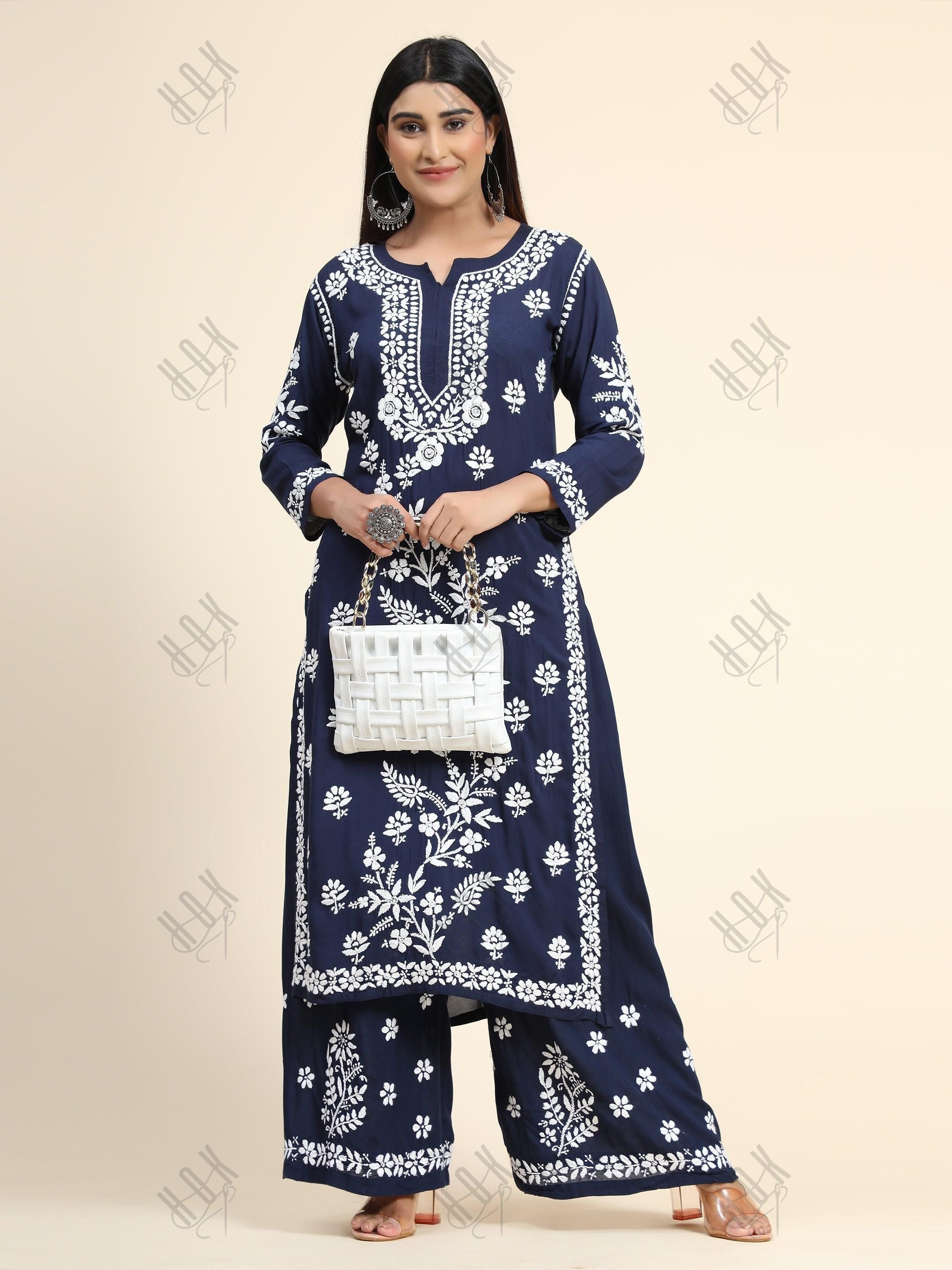 Samma Premium Hand Embroidery Chikankari Co-Ord Set in Modal Cotton Blue - House Of Kari (Chikankari Clothing)