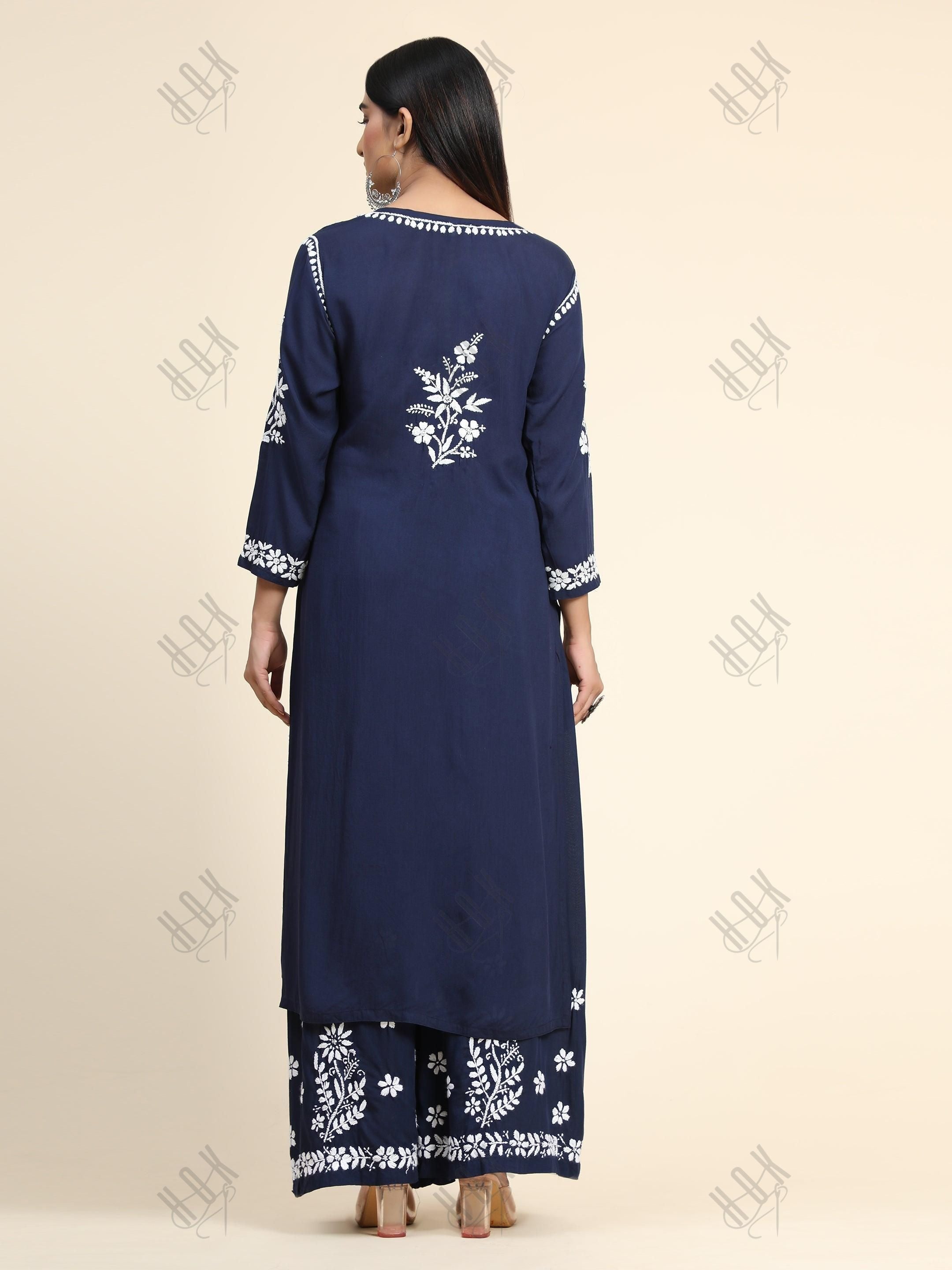 Samma Premium Hand Embroidery Chikankari Co-Ord Set in Modal Cotton Blue - House Of Kari (Chikankari Clothing)