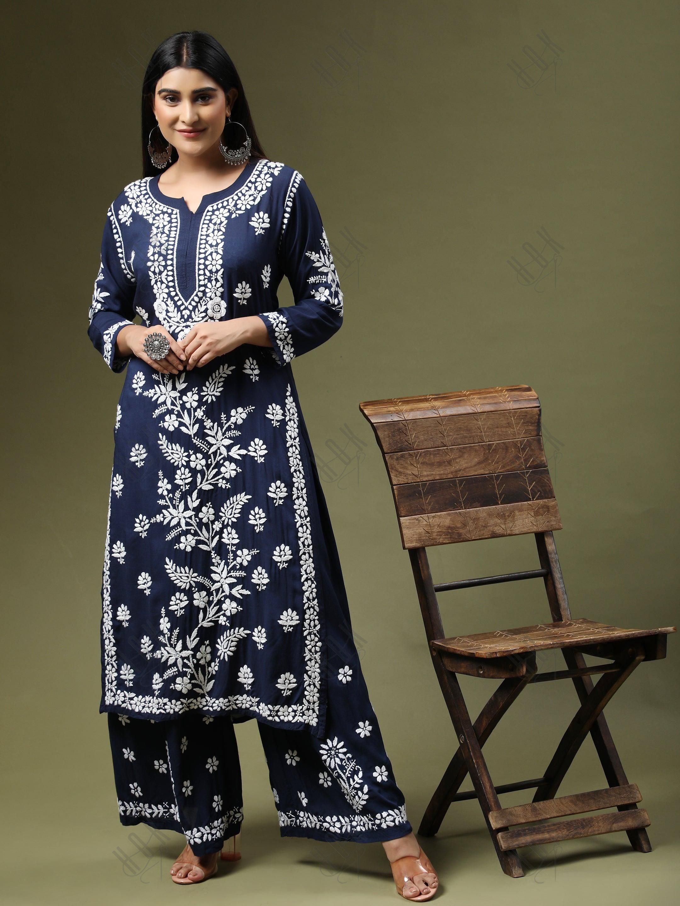 Samma Premium Hand Embroidery Chikankari Co-Ord Set in Modal Cotton Blue - House Of Kari (Chikankari Clothing)