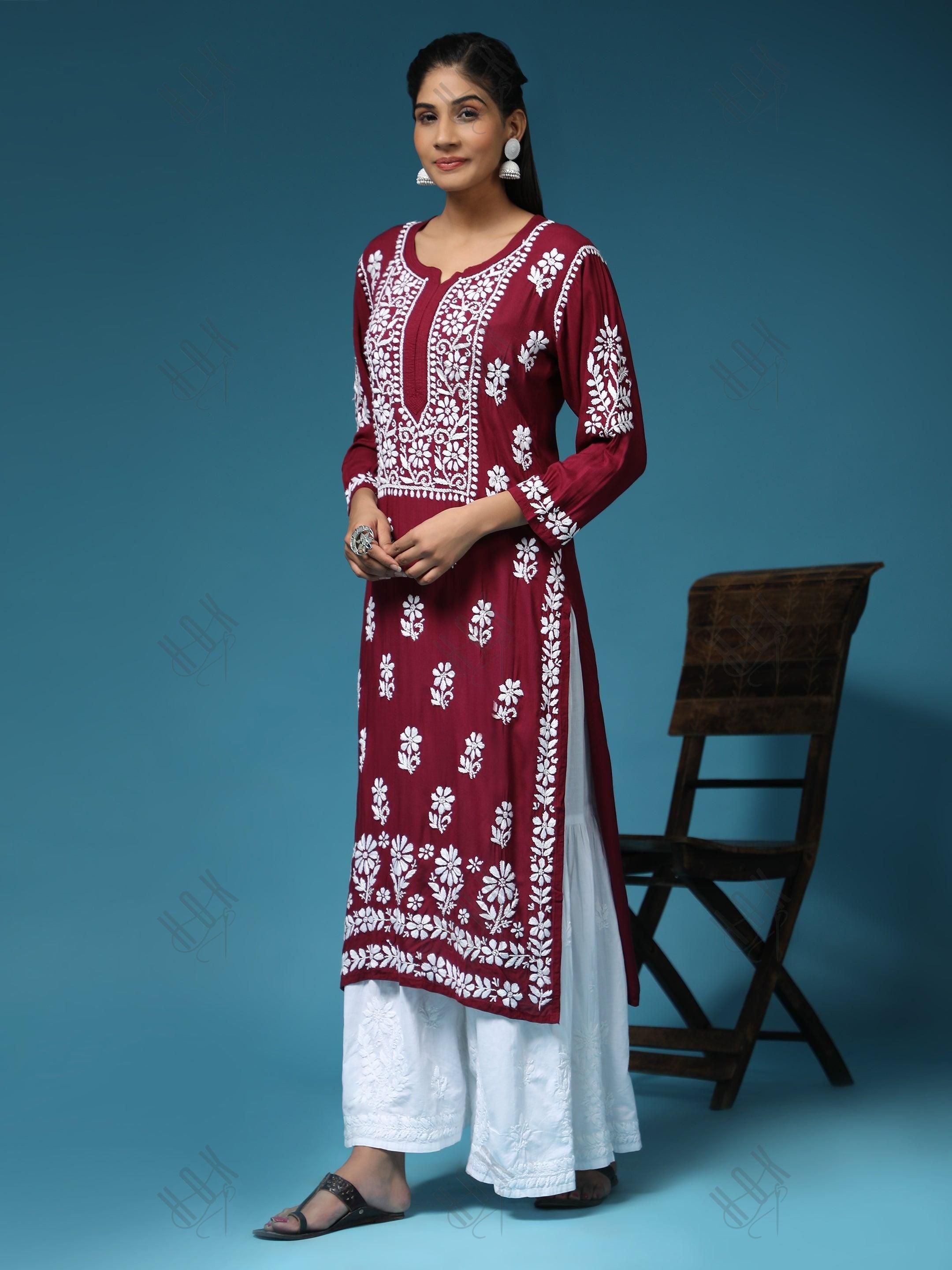 Pooja Gor in Premium Hand Embroidery Chikankari Kurta Modal Cotton- Maroon - House Of Kari (Chikankari Clothing)