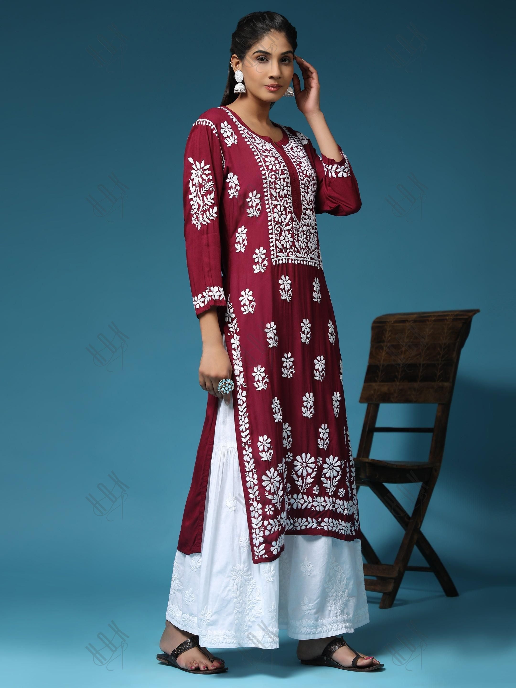 Pooja Gor in Premium Hand Embroidery Chikankari Kurta Modal Cotton- Maroon - House Of Kari (Chikankari Clothing)