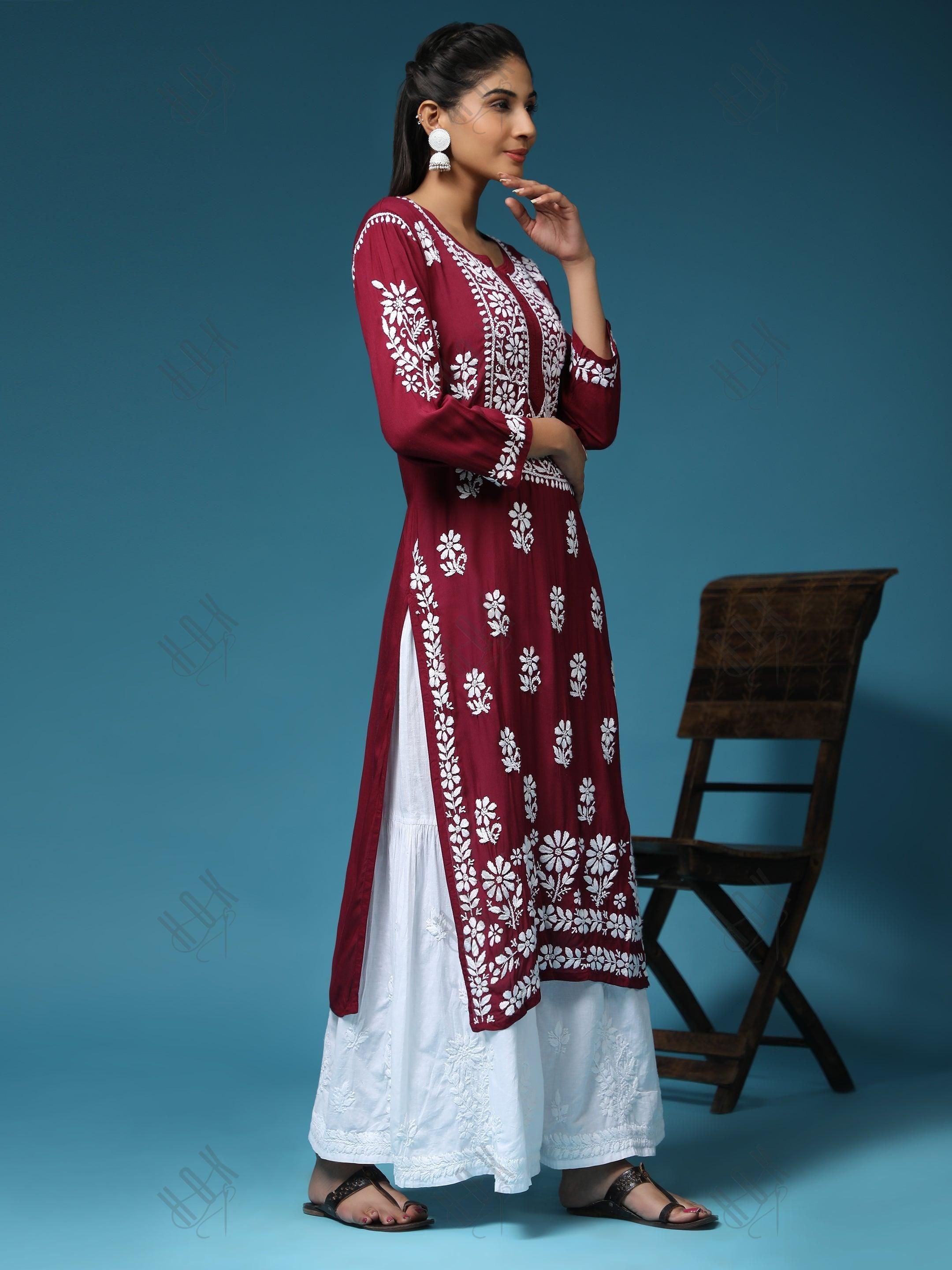 Pooja Gor in Premium Hand Embroidery Chikankari Kurta Modal Cotton- Maroon - House Of Kari (Chikankari Clothing)